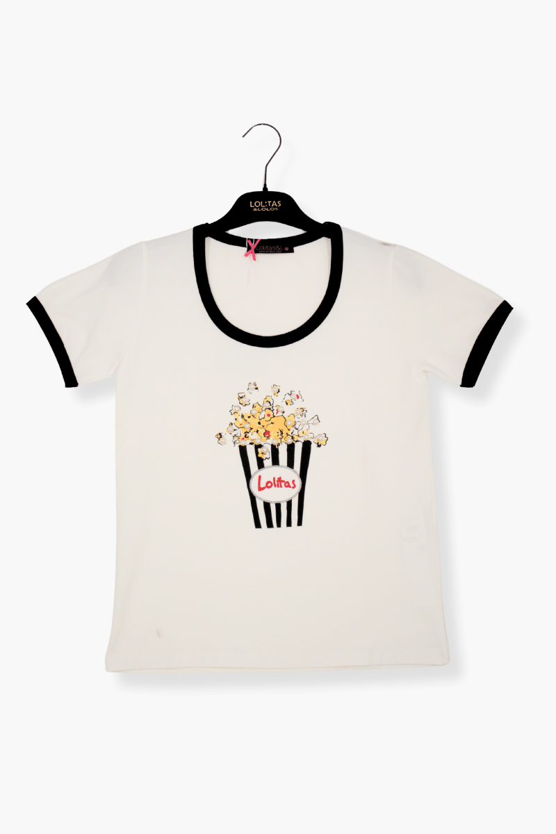 Camiseta Preloved blanca estampado palomitas Lolitas&L - lolitasyl.com
