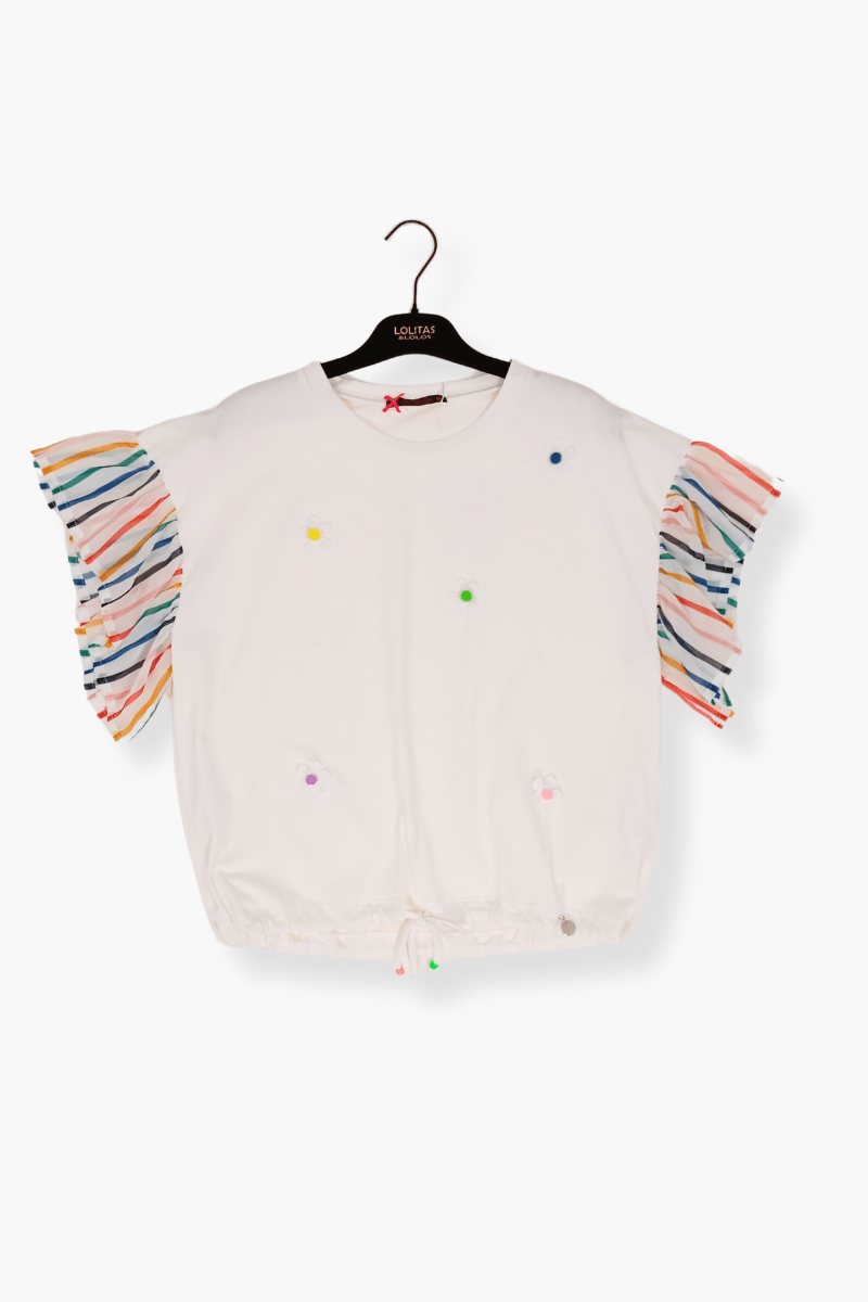 Camiseta Preloved blanca margaritas bordadas y raya multicolor Lolitas&L - lolitasyl.com