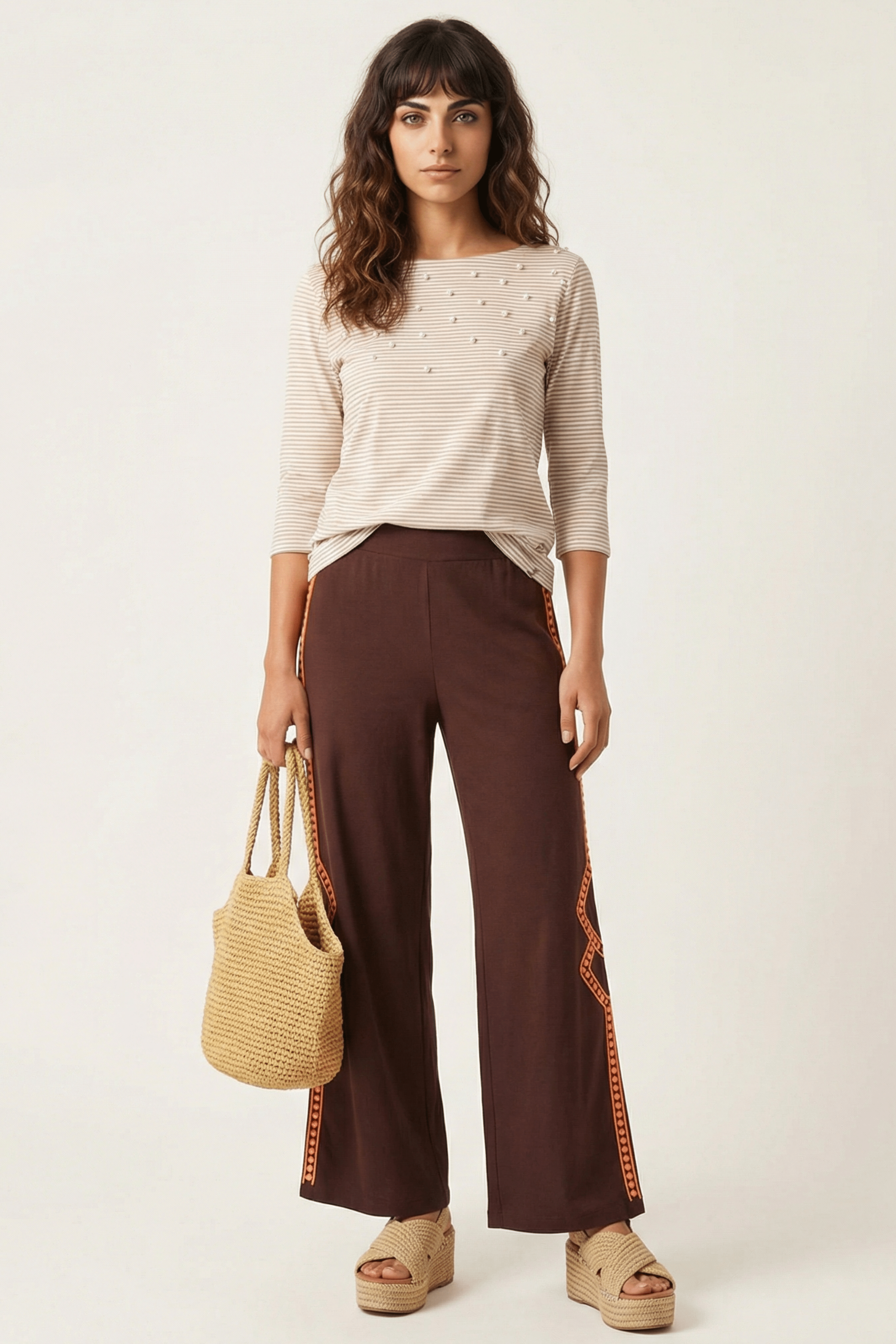 Camiseta rayas beige detalle perlas en delantero Lolitas&L - lolitasyl.com