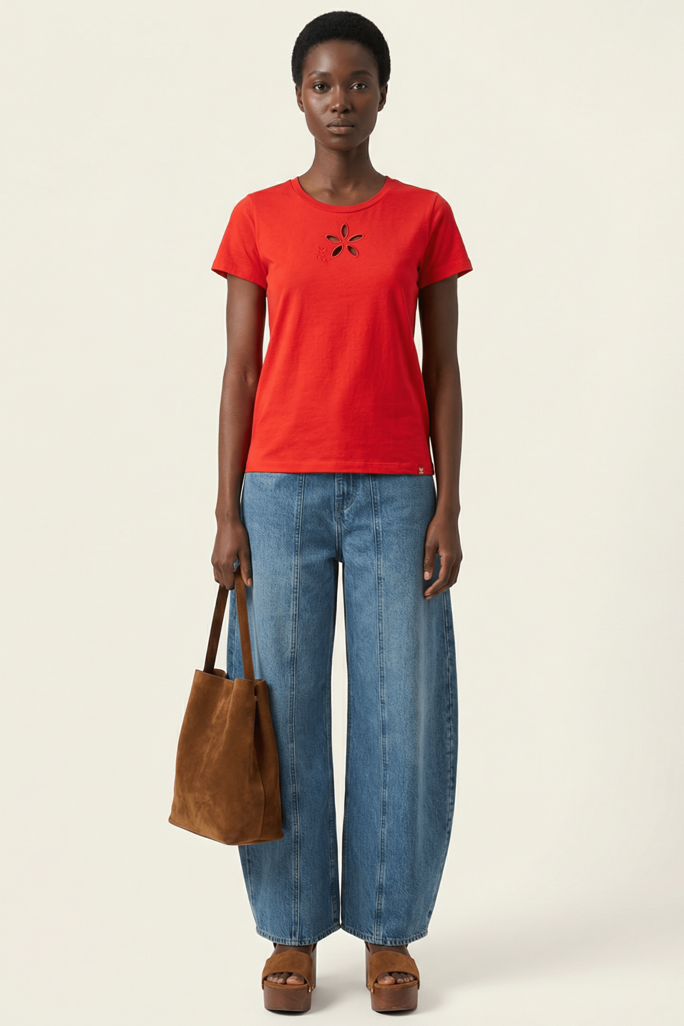 Camiseta roja bordado flor calada con manga corta Lolitas&L - lolitasyl.com