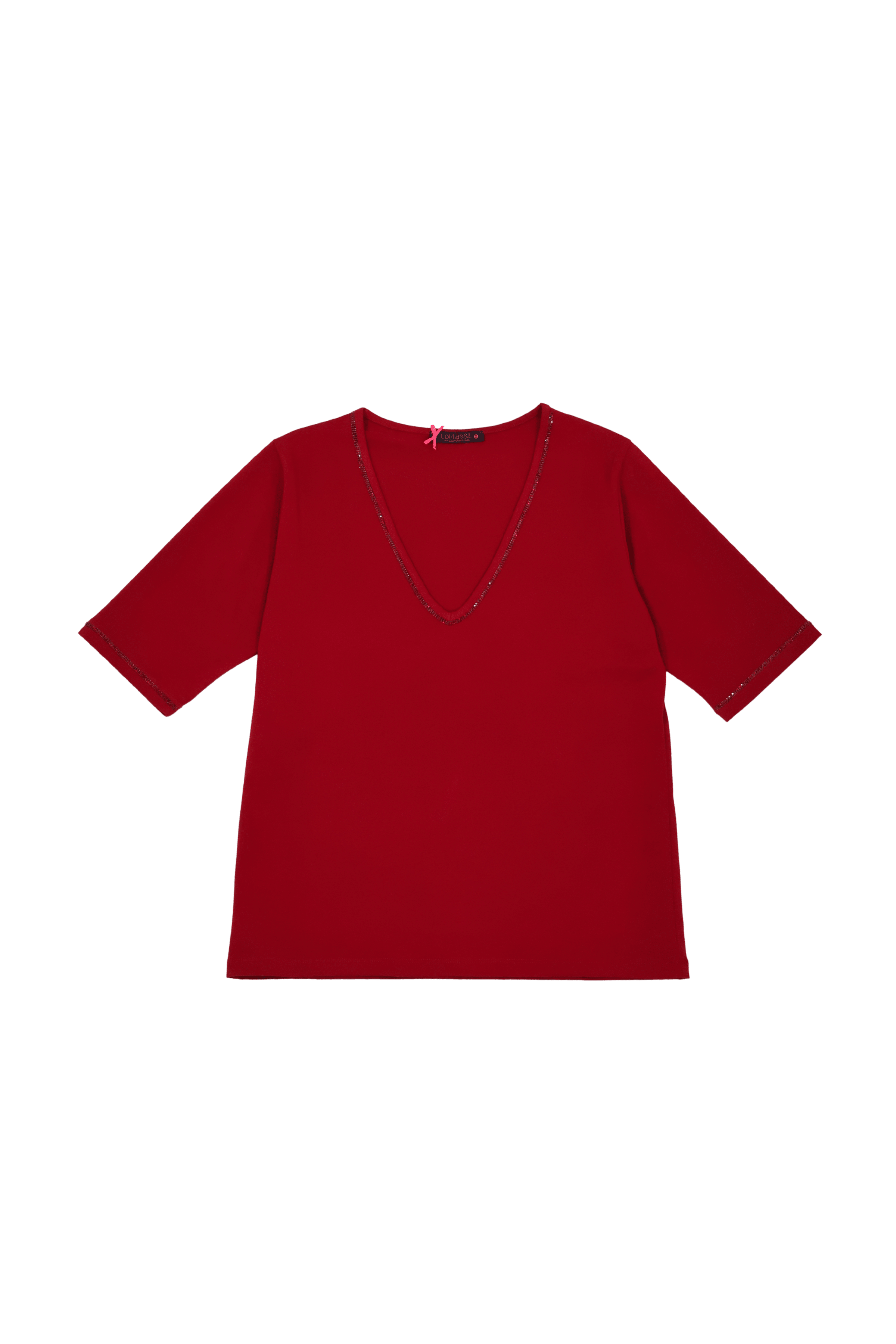 Camiseta roja escote en uve con strass Lolitas&L - lolitasyl.com