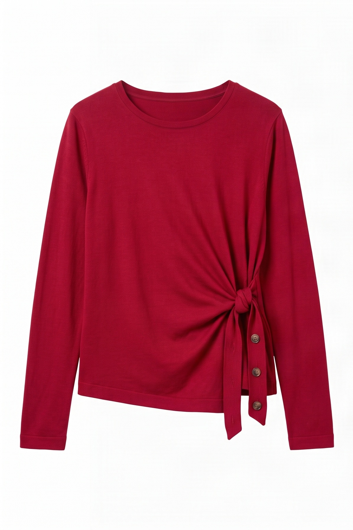Camiseta Rojo Cereza de Manga Larga con Drapeado Lateral y Cuello Redondo – Lolitas&L
