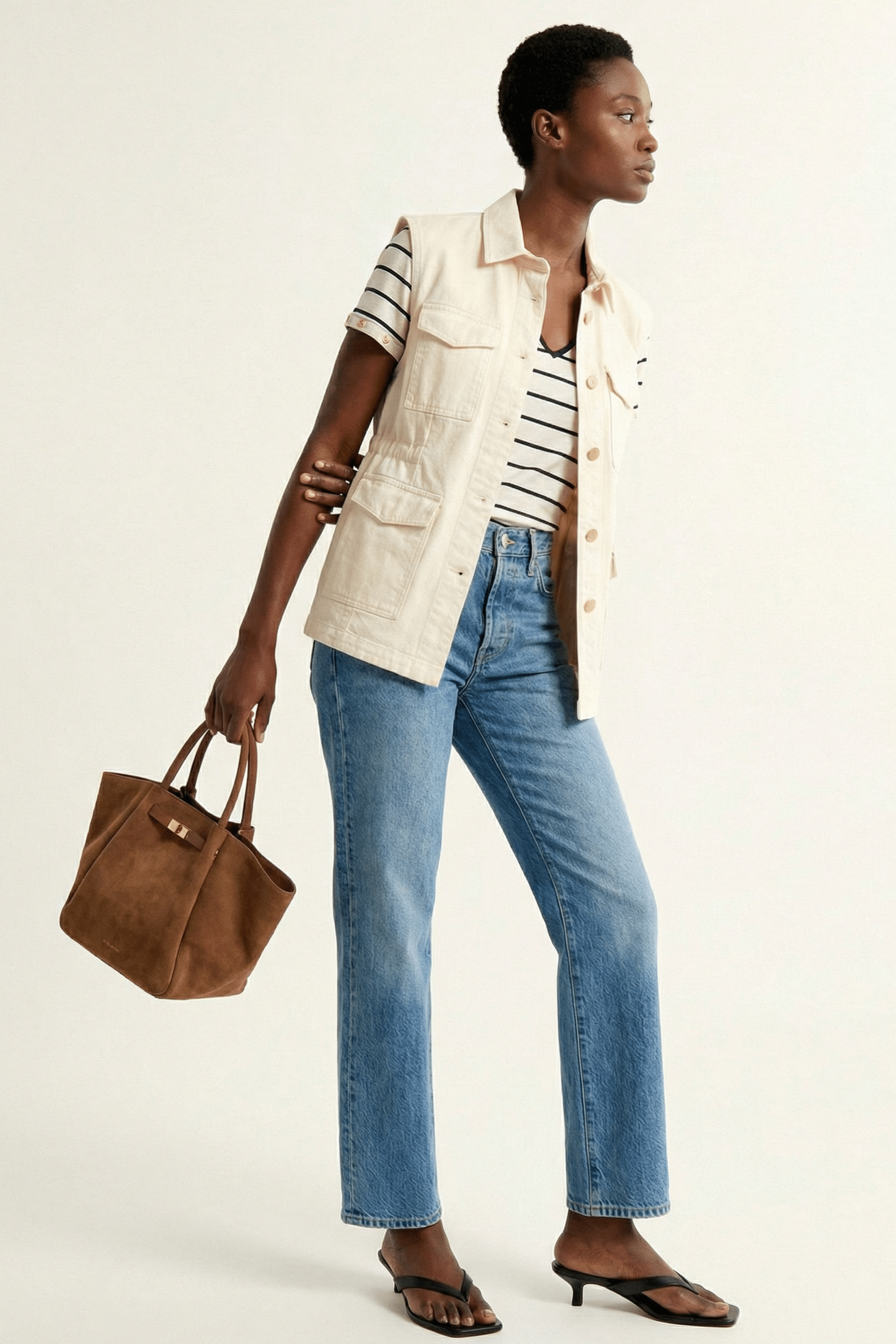 Cazadora vaquera crema sin mangas con bolsillos Lolitas&L - lolitasyl.com