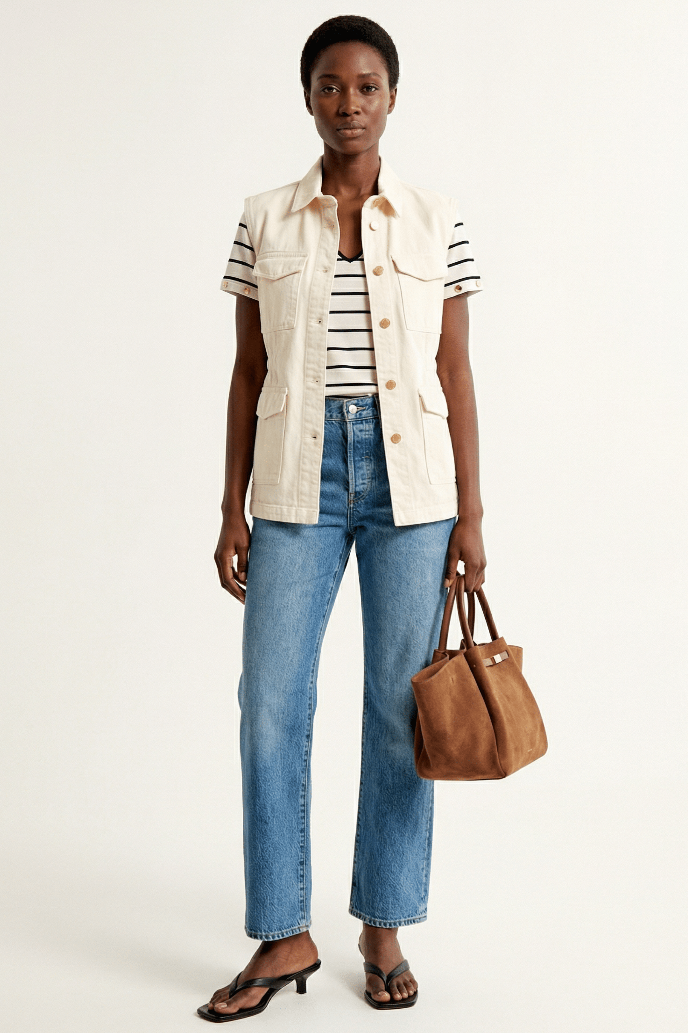 Cazadora vaquera crema sin mangas con bolsillos Lolitas&L - lolitasyl.com