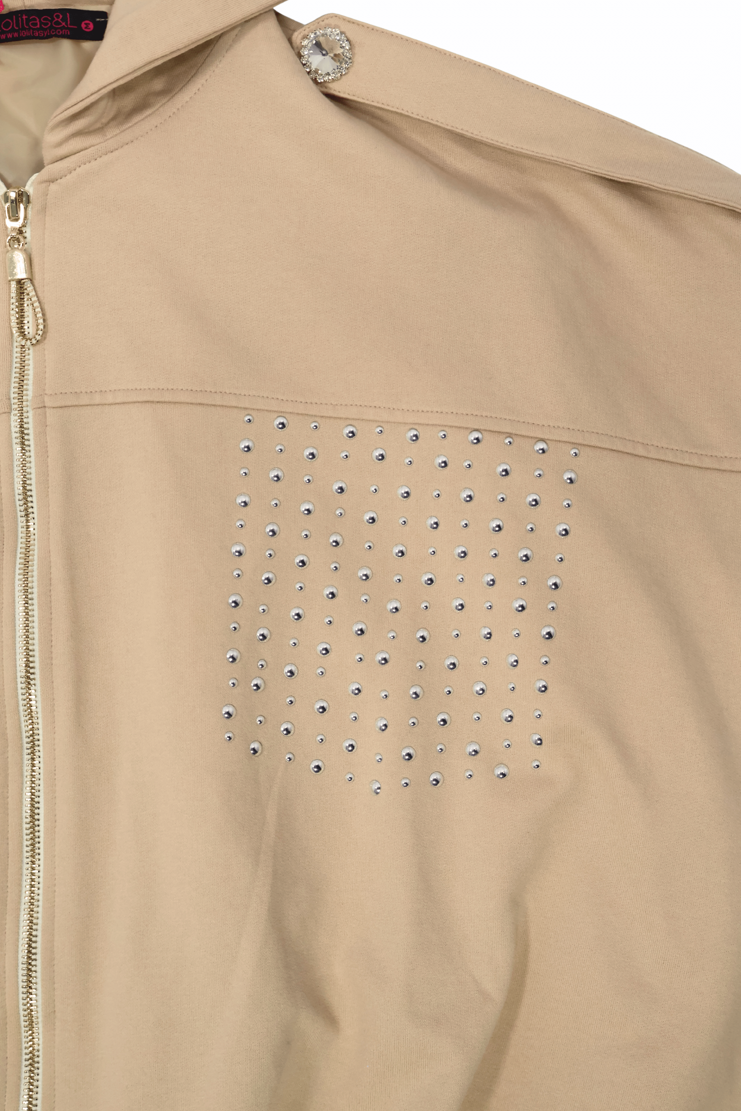 Chaqueta beige bomber con capucha y strass Lolitas&L - lolitasyl.com