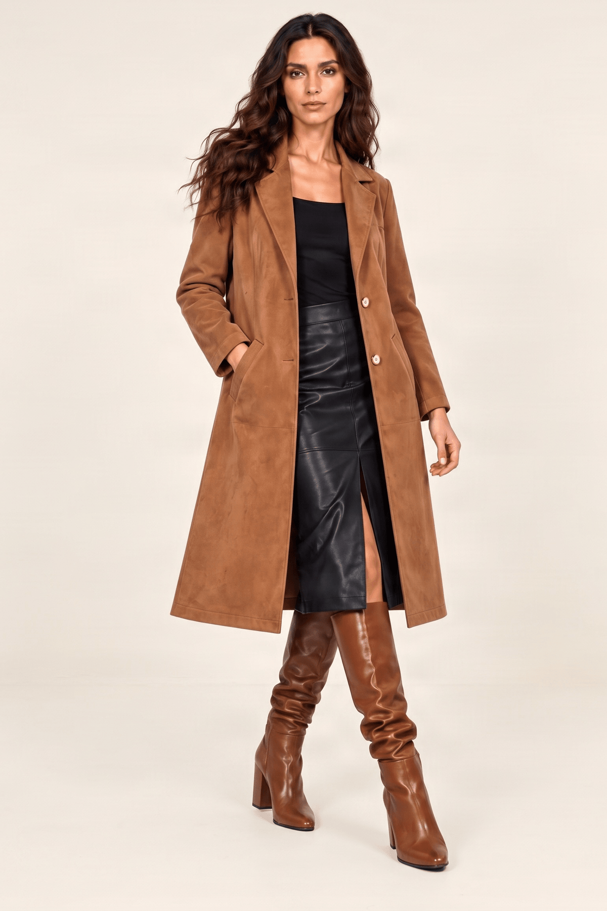 Chaqueta camel larga de antelina abotonada Lolitas&L - lolitasyl.com