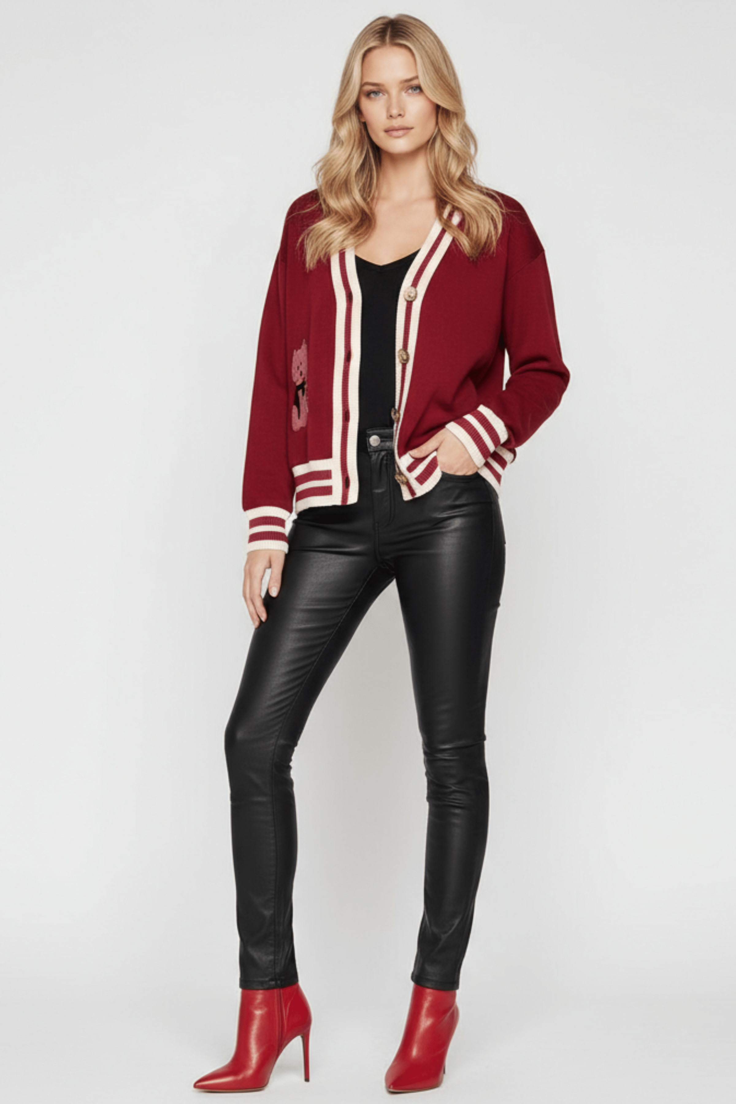 Chaqueta granate punto con elasticos y bordado Lolitas&L - lolitasyl.com