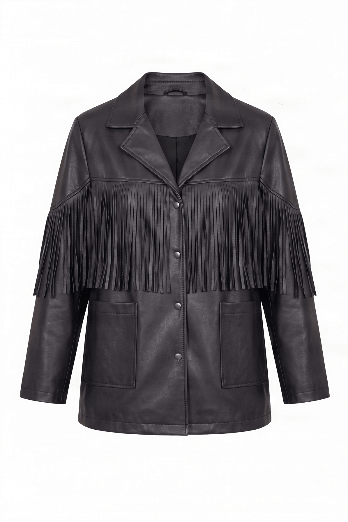 Chaqueta negra larga polipiel con flecos y bolsillos Lolitas&L - lolitasyl.com
