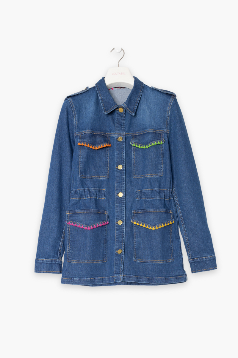 Chaqueta vaquera bordado picunela en bolsillos multicolor LolitasyL