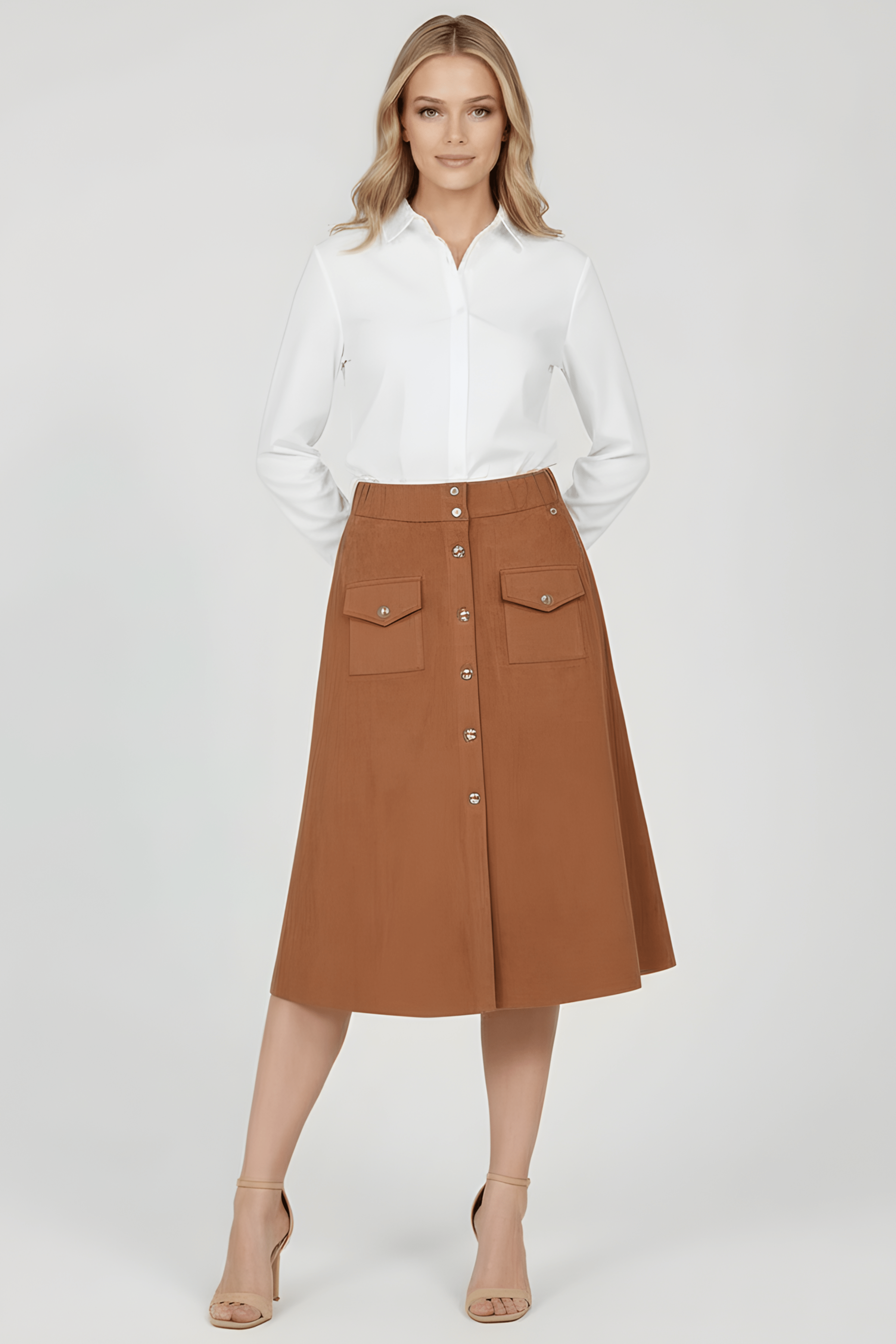 Falda camel antelina con automaticos Lolitas&L - lolitasyl.com