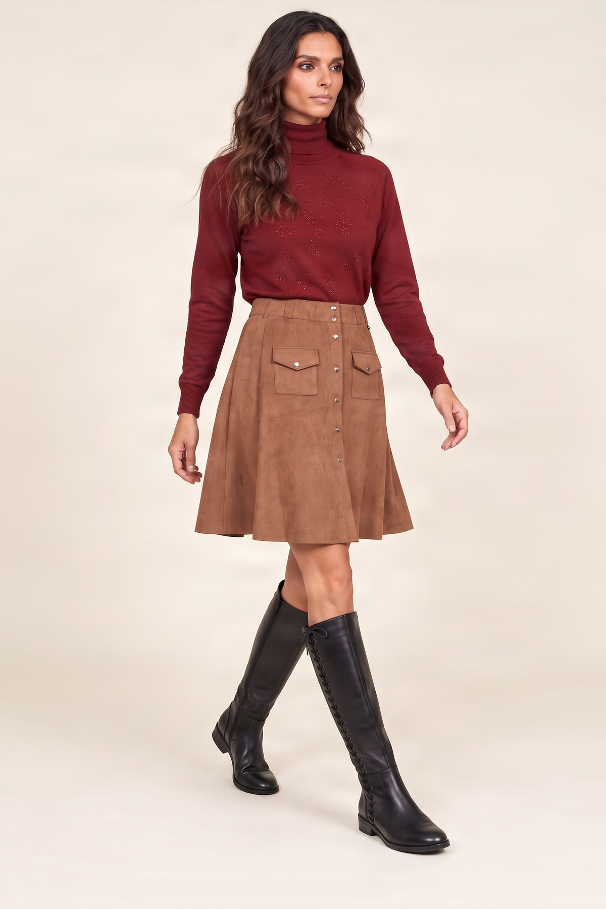 Falda camel antelina con automaticos Lolitas&L