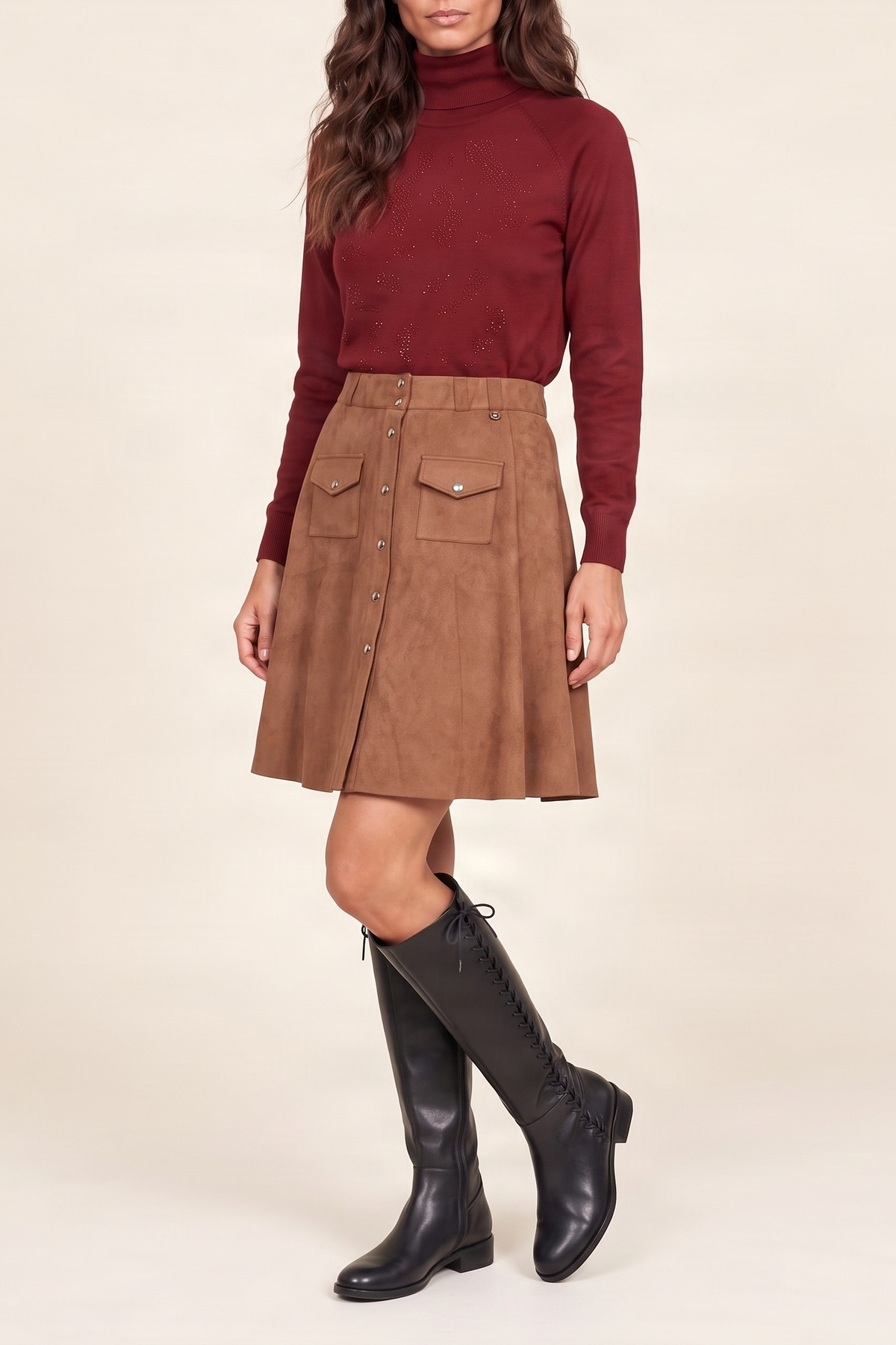 Falda camel antelina con automaticos Lolitas&L
