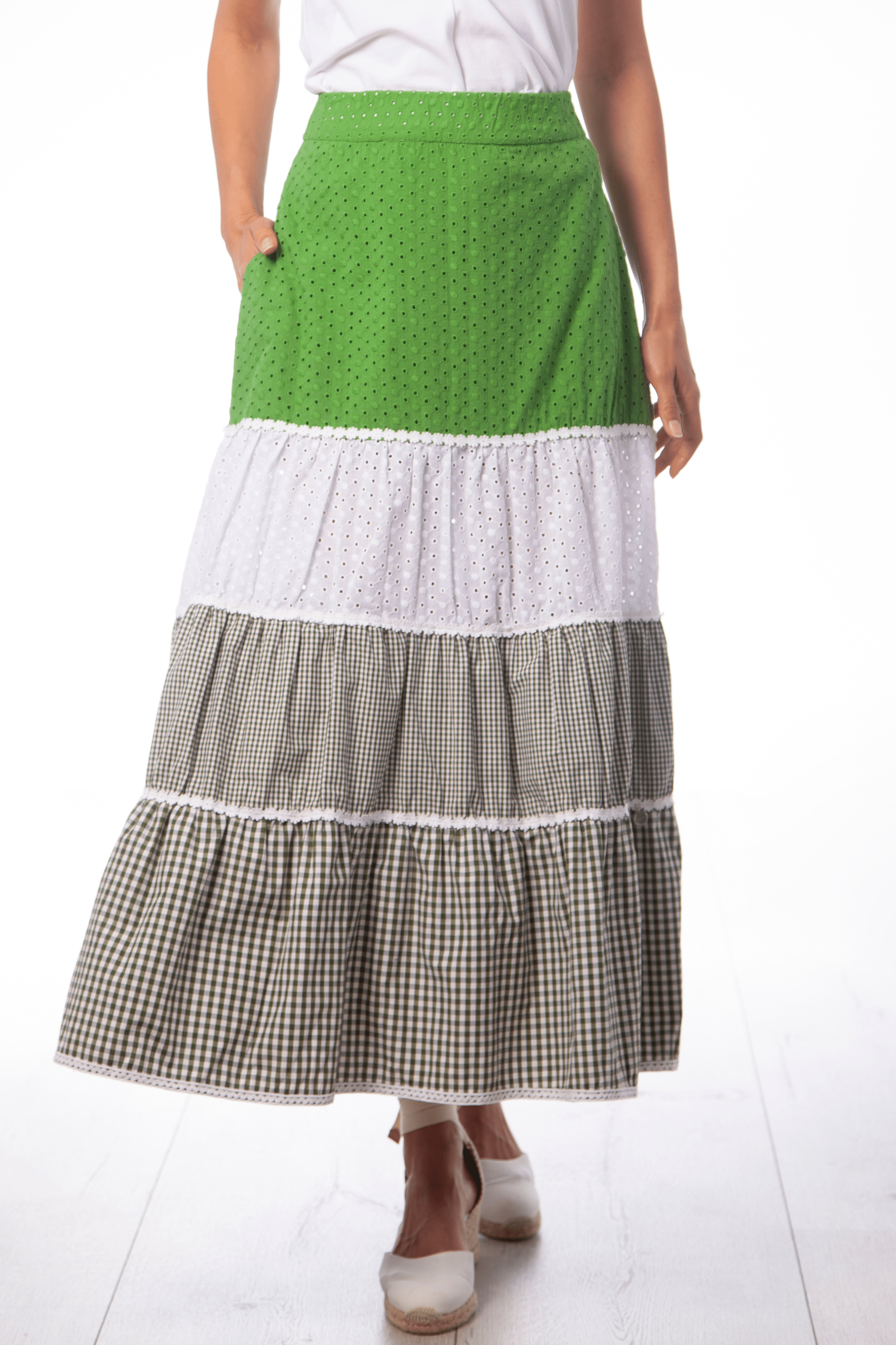 Falda larga patchwork bordado ingles y cuadro vichy Lolitas&L - lolitasyl.com