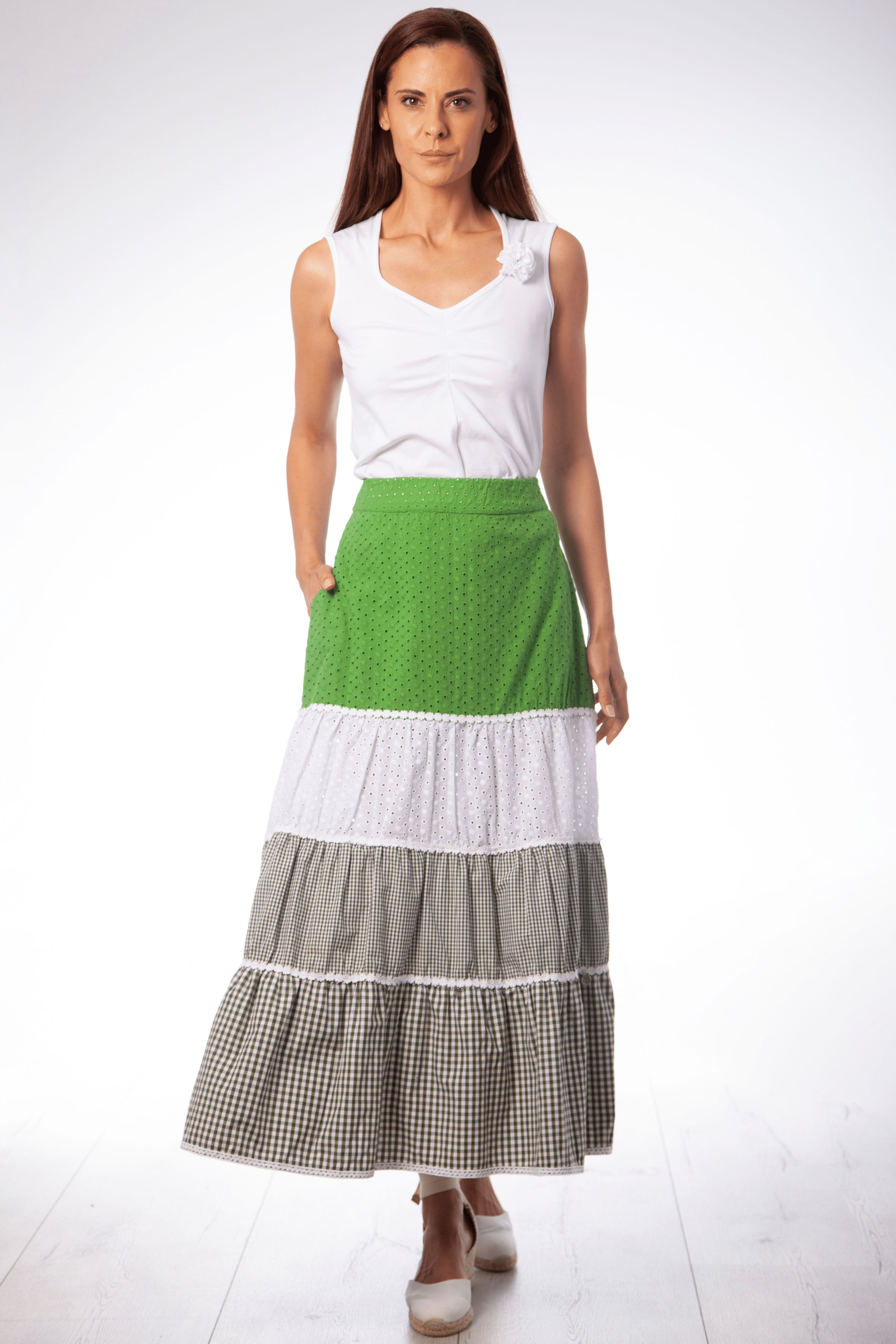 Falda larga patchwork bordado ingles y cuadro vichy Lolitas&L - lolitasyl.com