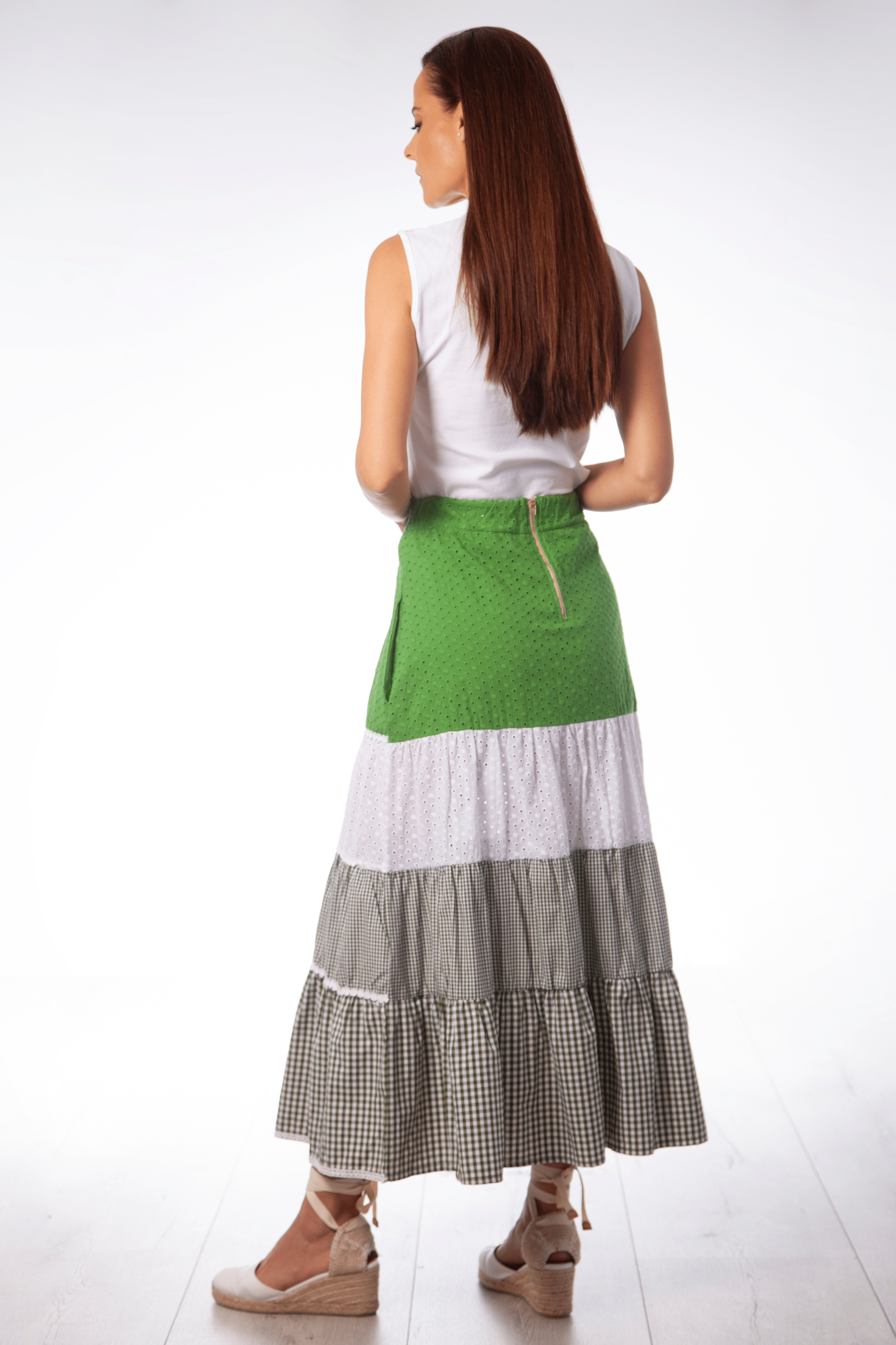 Falda larga patchwork bordado ingles y cuadro vichy Lolitas&L - lolitasyl.com