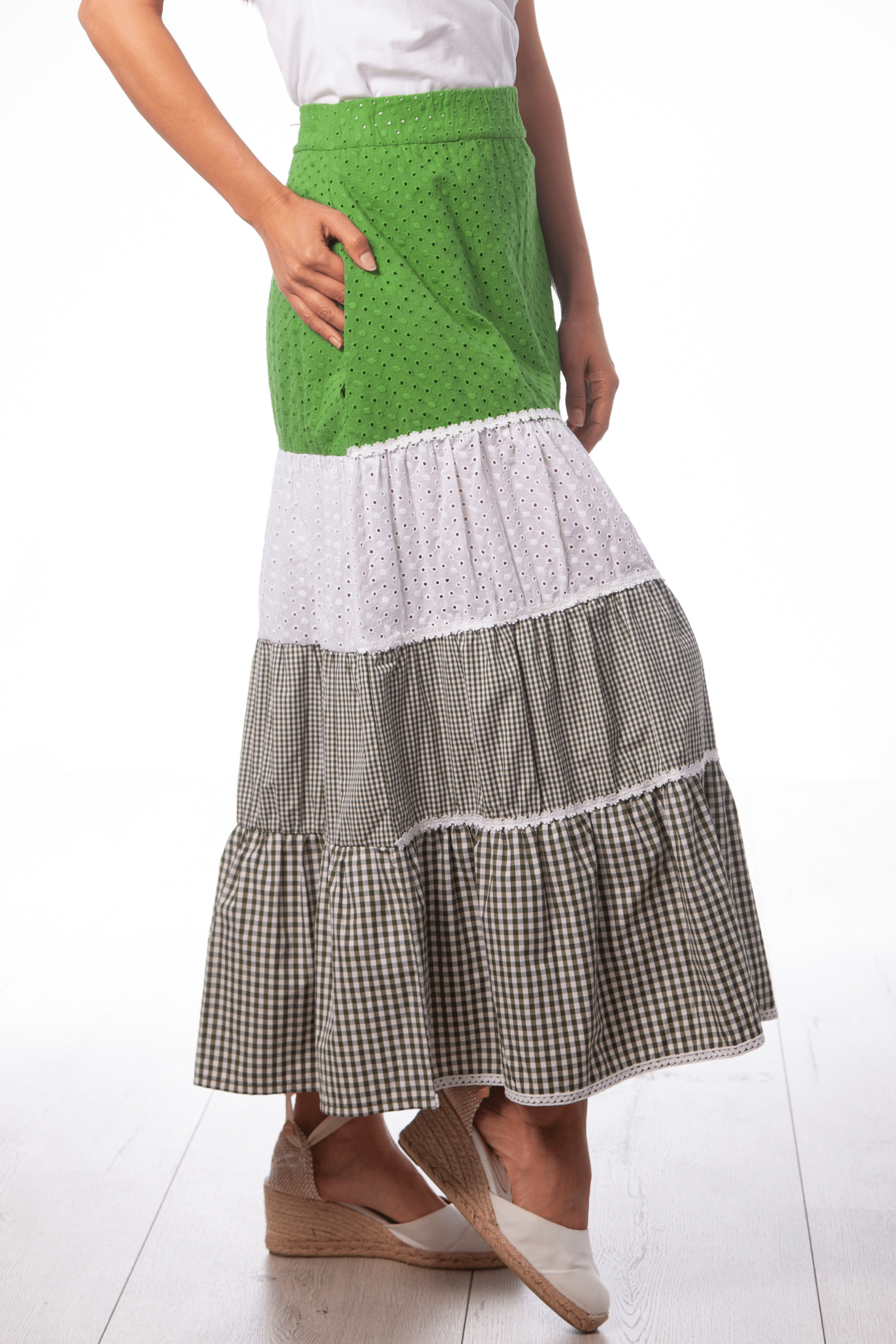 Falda larga patchwork bordado ingles y cuadro vichy Lolitas&L - lolitasyl.com