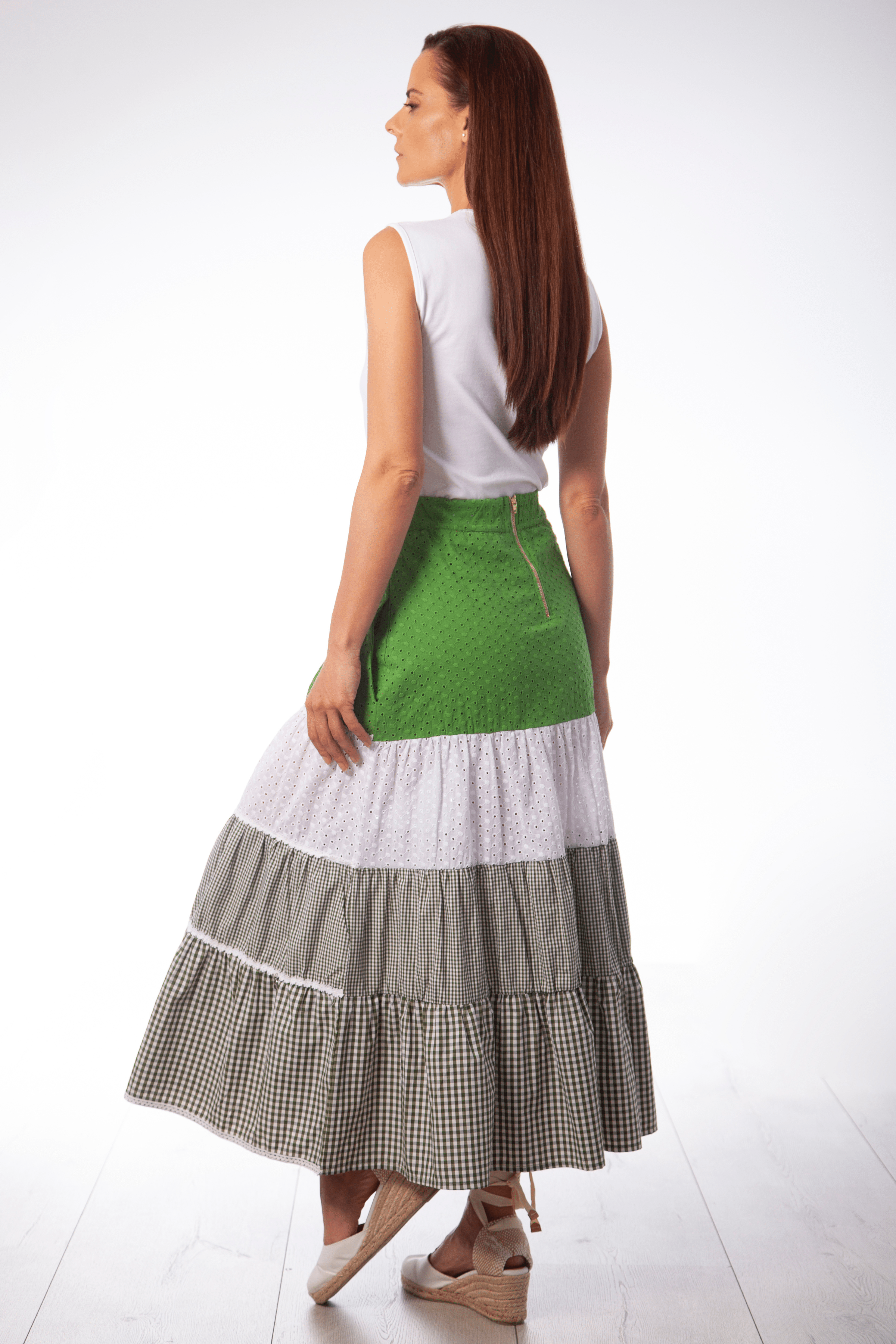 Falda larga patchwork bordado ingles y cuadro vichy Lolitas&L - lolitasyl.com