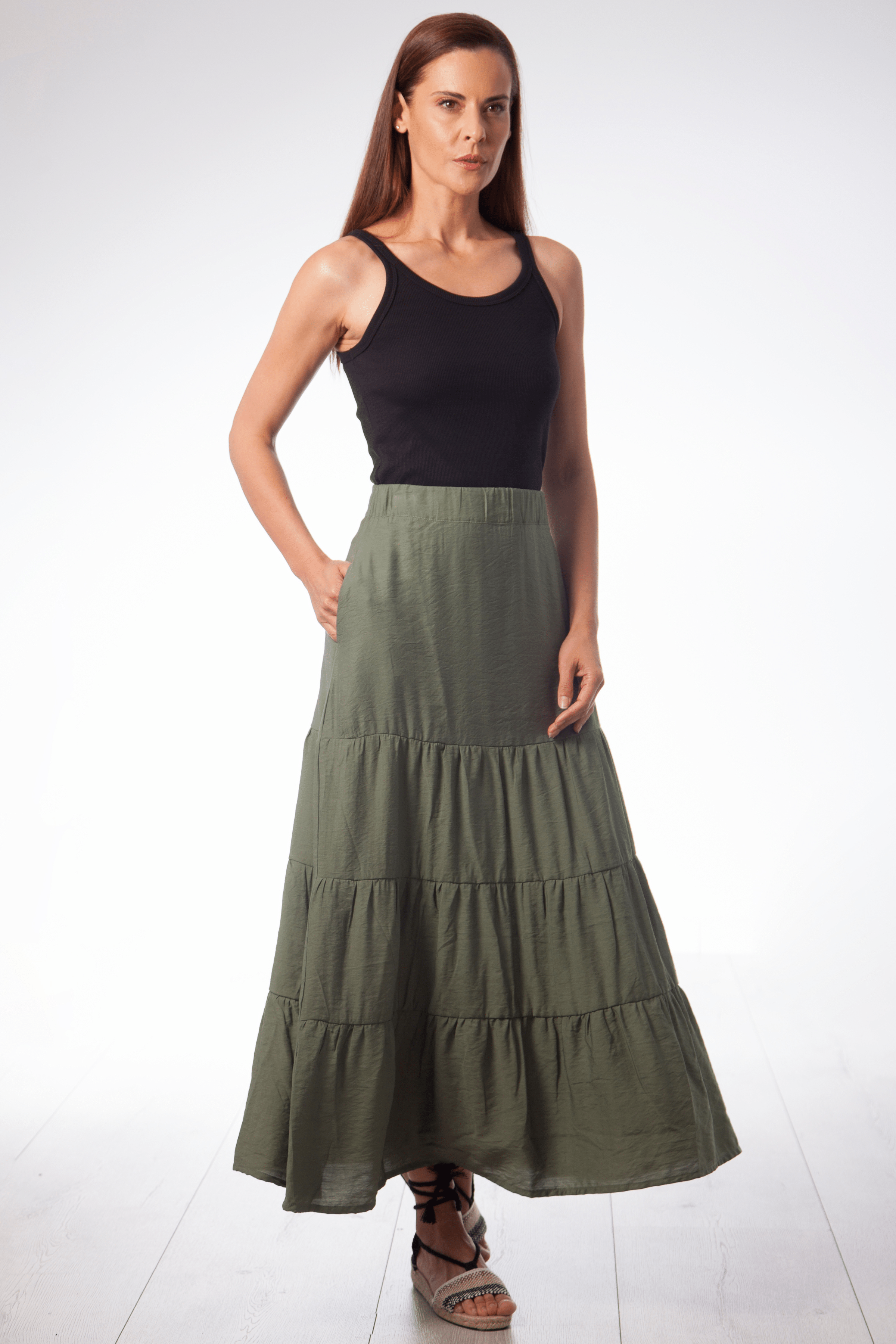 Falda larga verde militar con fruncidos Lolitas&L - lolitasyl.com