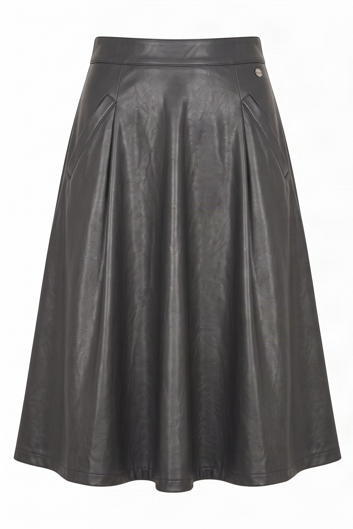 Falda Midi Evasé Verde Militar en Efecto Piel con Cintura Limpia y Vuelo Amplio – Lolitas&L