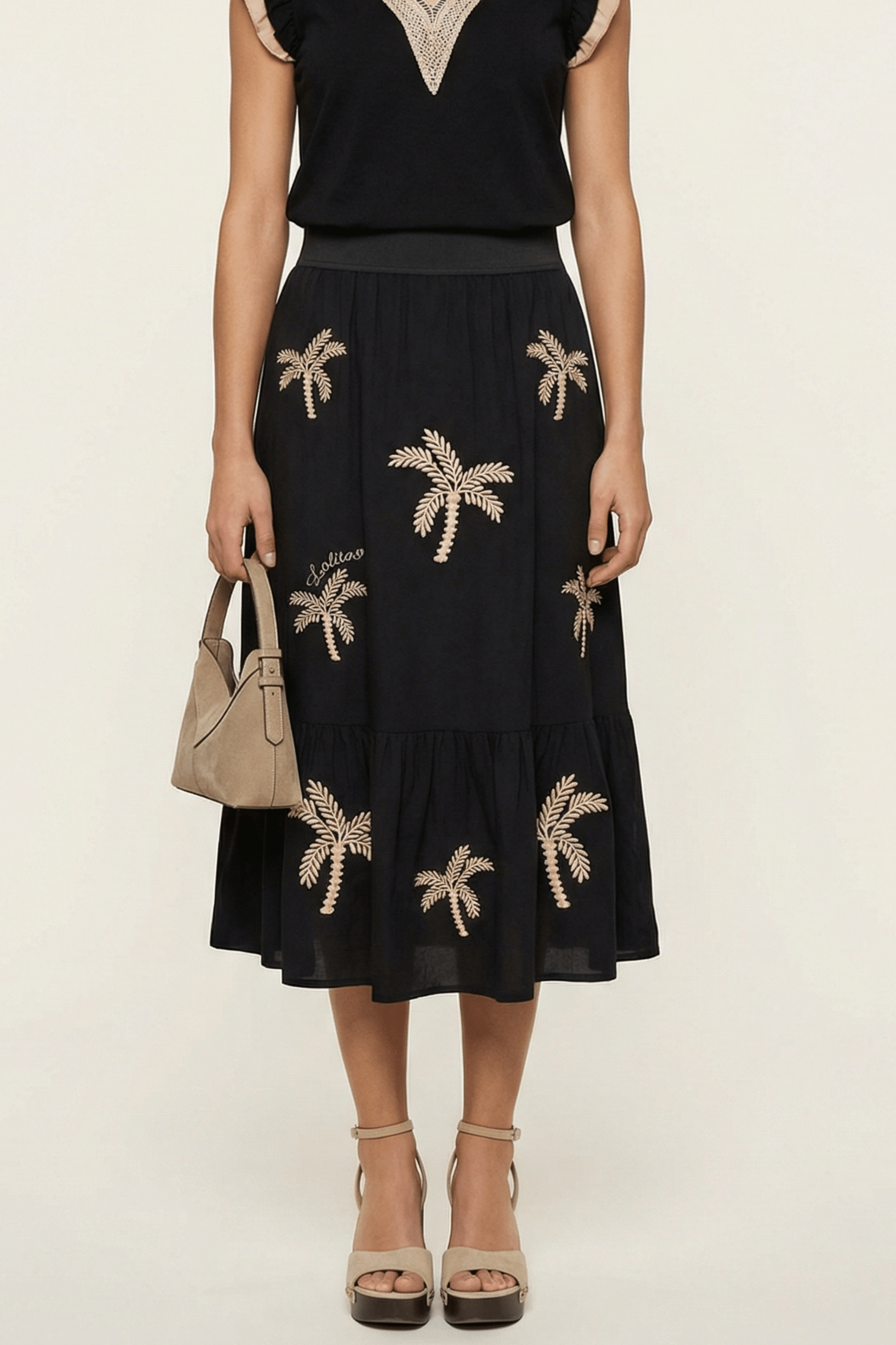 Falda negra larga bordado palmeras con goma Lolitas&L - lolitasyl.com