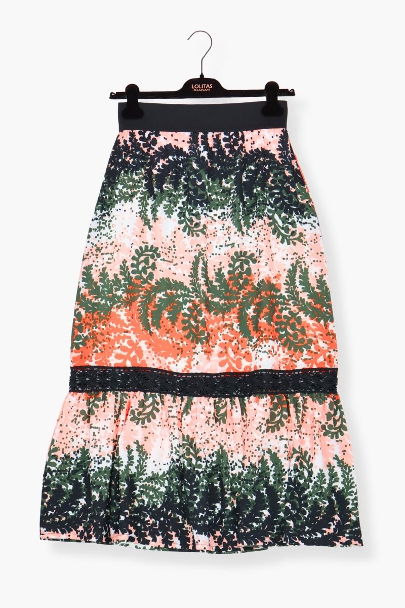 Falda Preloved larga estampada Leaves con goma y puntilla Lolitas&L - lolitasyl.com