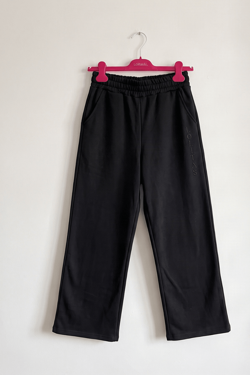 Pantalón Ancho Negro con Bordado Lateral Preloved - lolitasyl.com