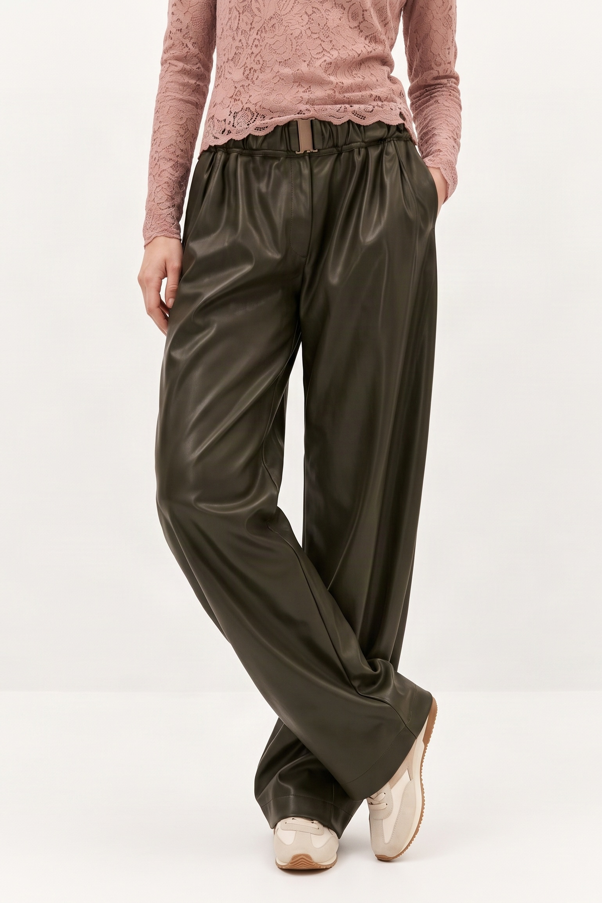 Pantalón Balloon Verde Militar en Similpiel con Cinturón Forrado – Lolitas&L
