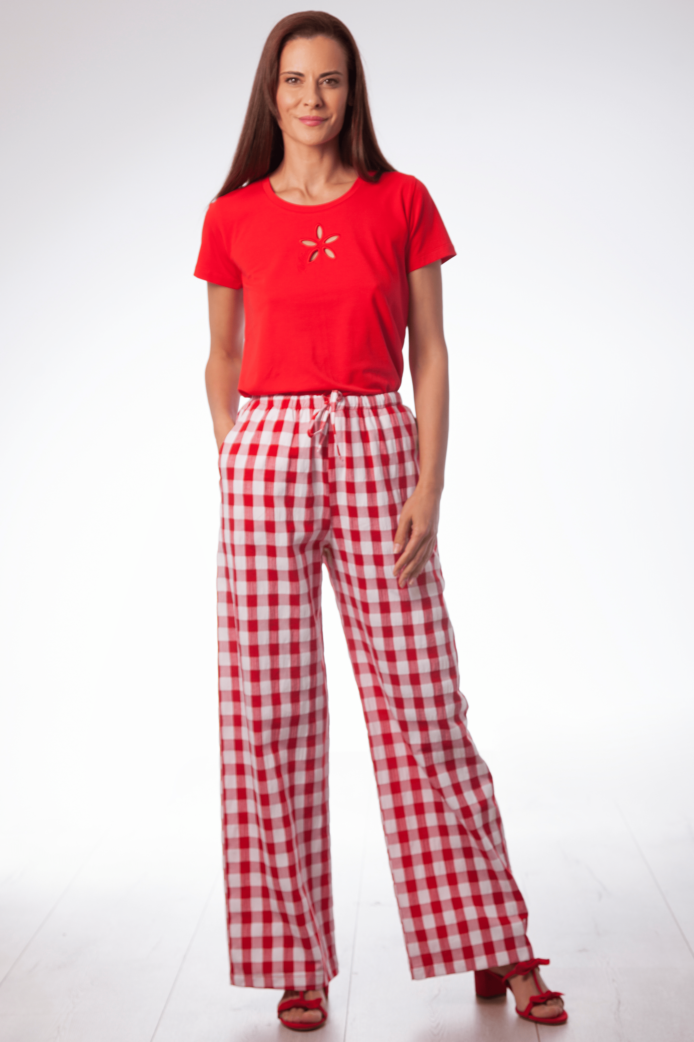 Pantalon estampado cuadros rojo con cinta Lolitas&L - lolitasyl.com