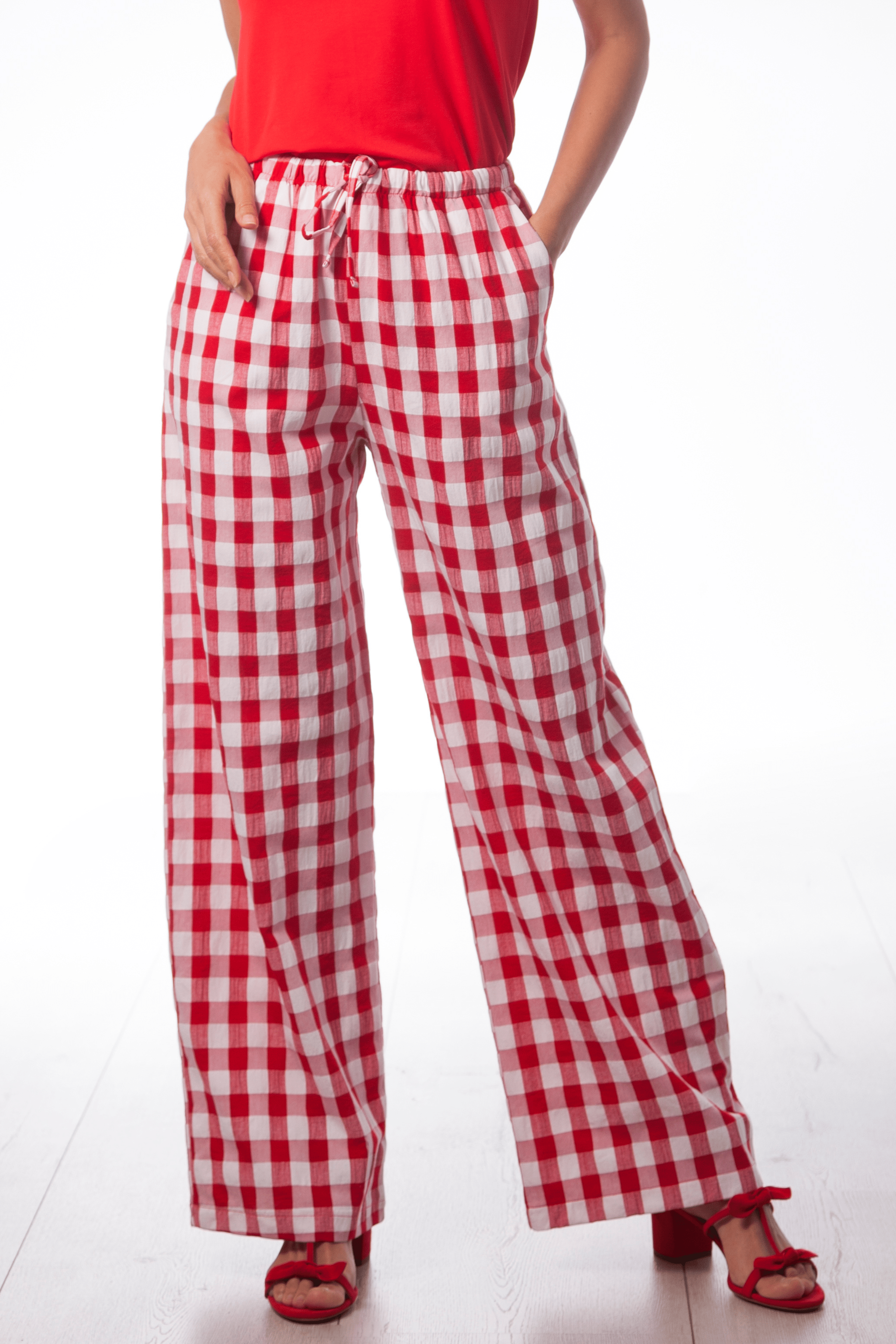 Pantalon estampado cuadros rojo con cinta Lolitas&L - lolitasyl.com