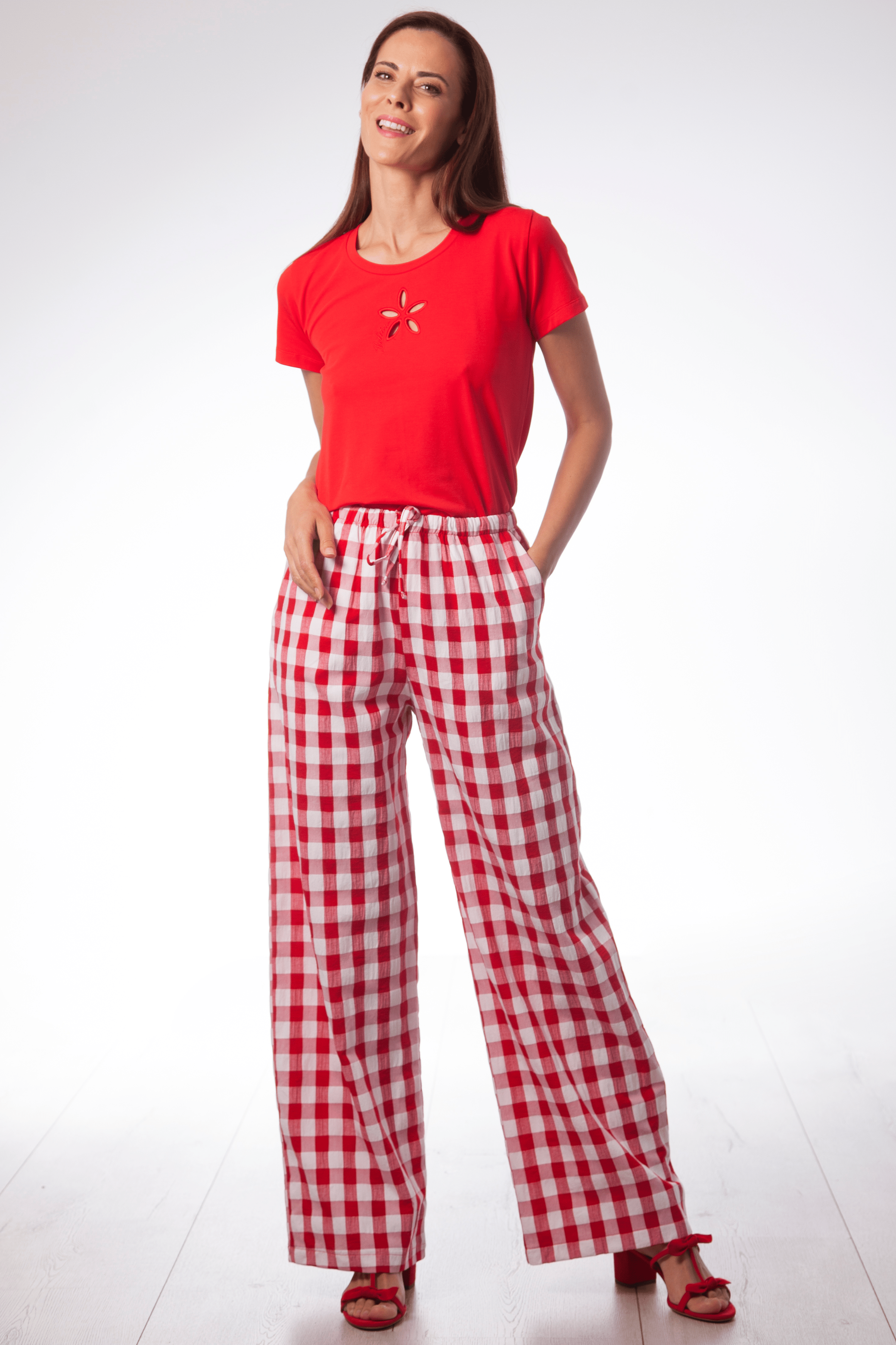 Pantalon estampado cuadros rojo con cinta Lolitas&L - lolitasyl.com