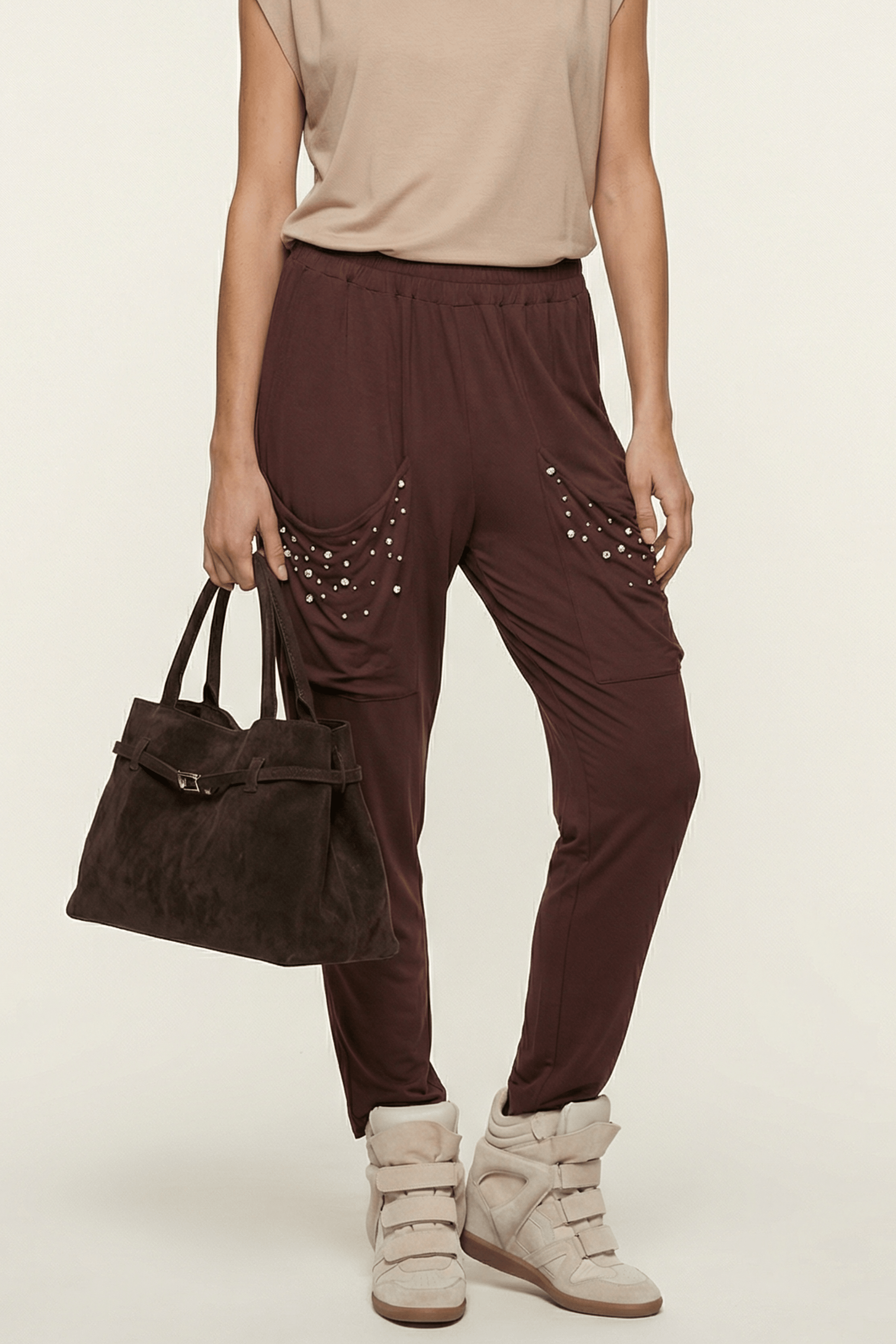 Pantalon marron baggy con strass y bolsillos Lolitas&L - lolitasyl.com