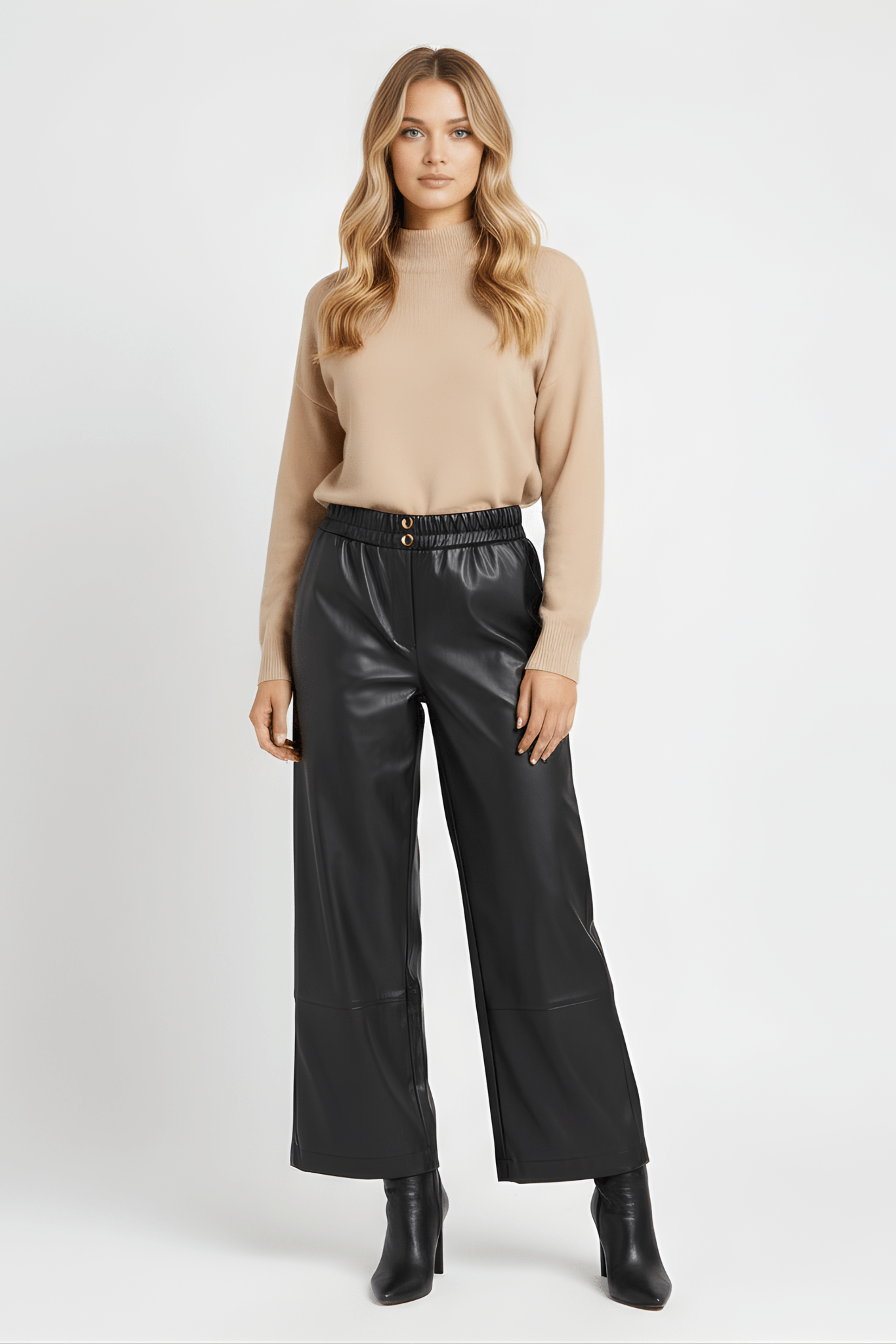 Pantalon negro de polipiel ancho con corte Lolitas&L - lolitasyl.com