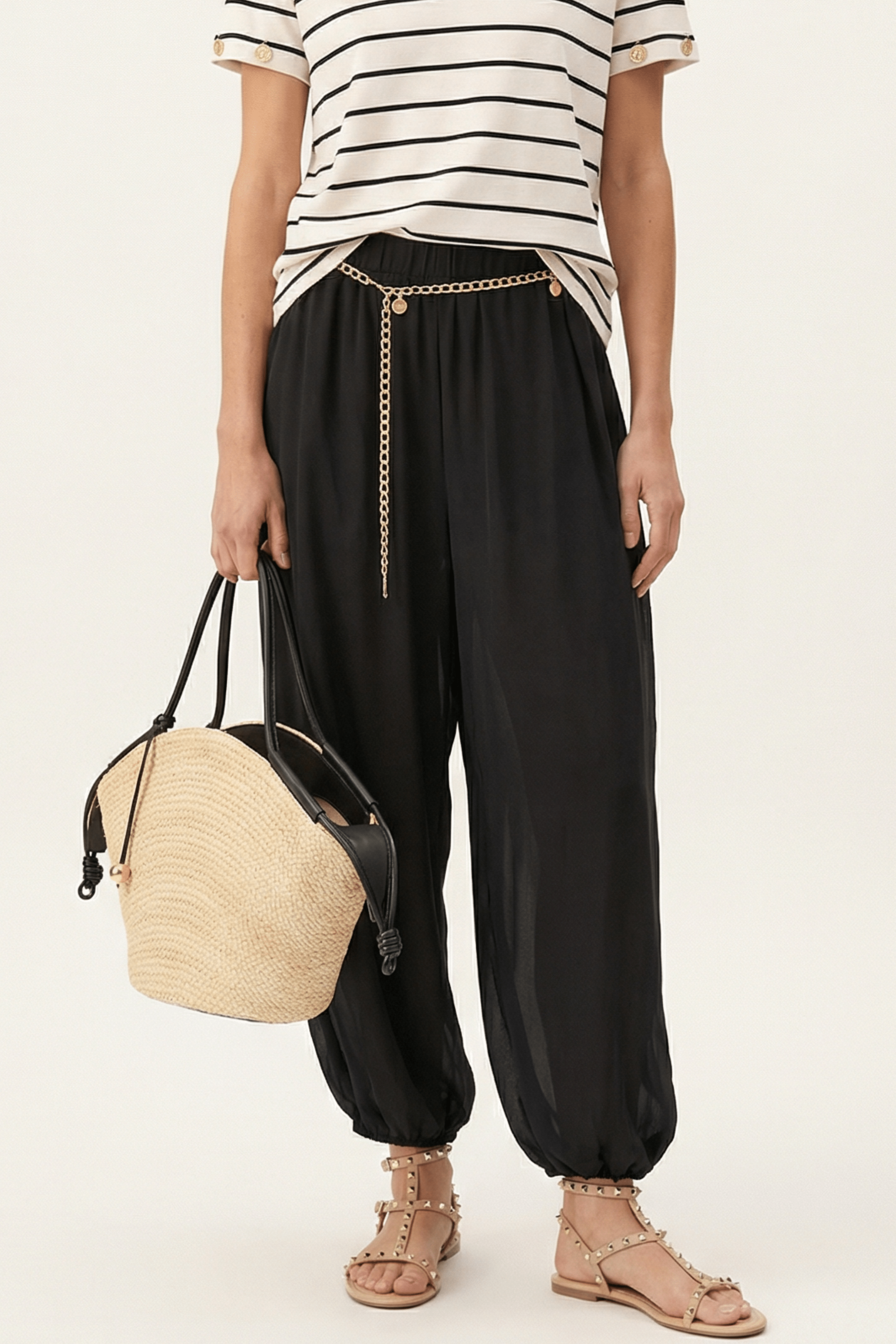 Pantalon negro palazzo con goma en la cintura y cadena Lolitas&L - lolitasyl.com