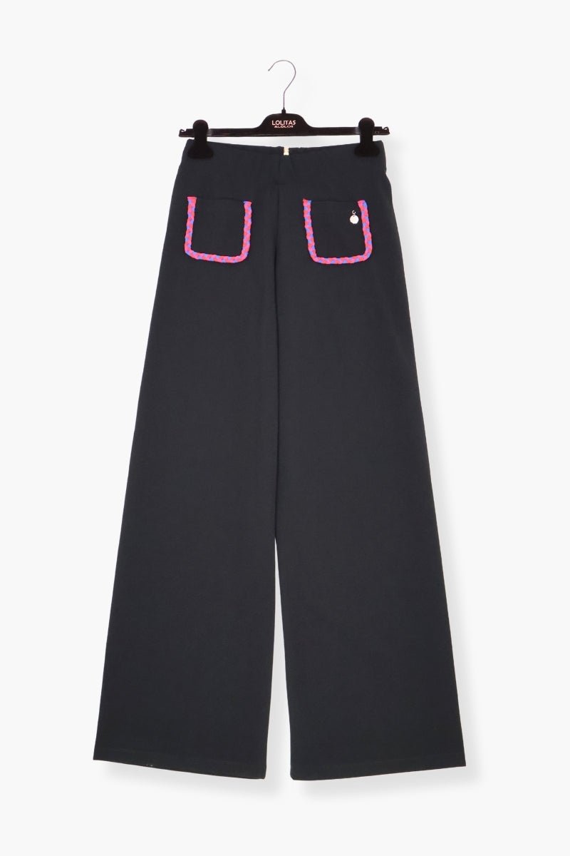 Pantalon Preloved negro ancho con bolsillos trenzados fucsia LolitasyL - lolitasyl.com