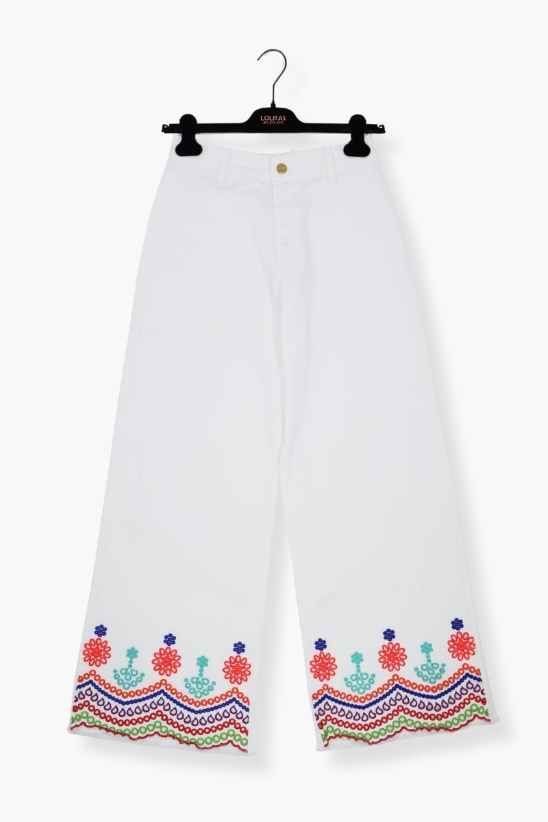 Pantalon Preloved vaquero blanco con bordado calado multicolor Lolitas&L - lolitasyl.com