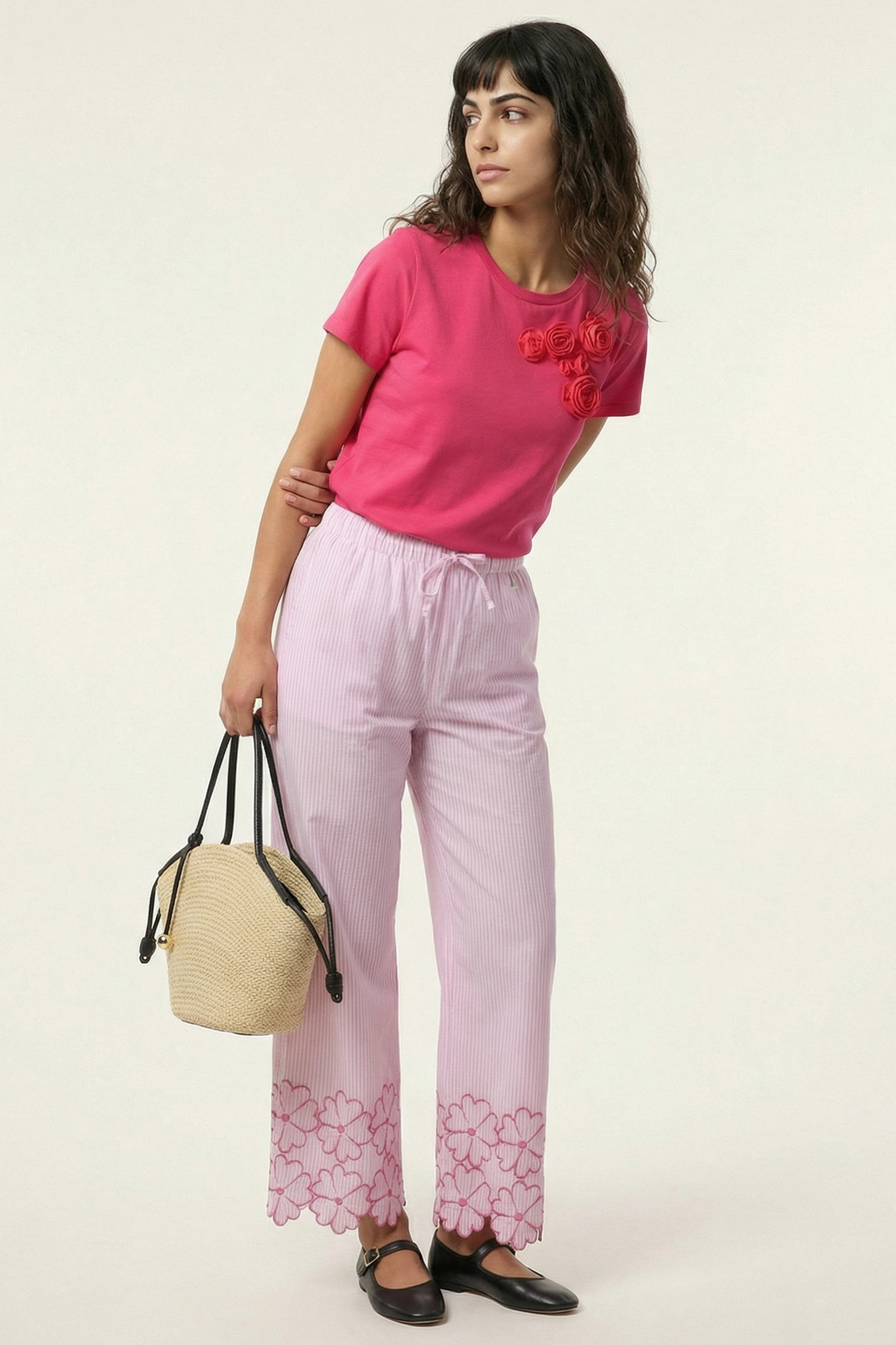 Pantalon rayas rosa detalle bordado flores con goma Lolitas&L