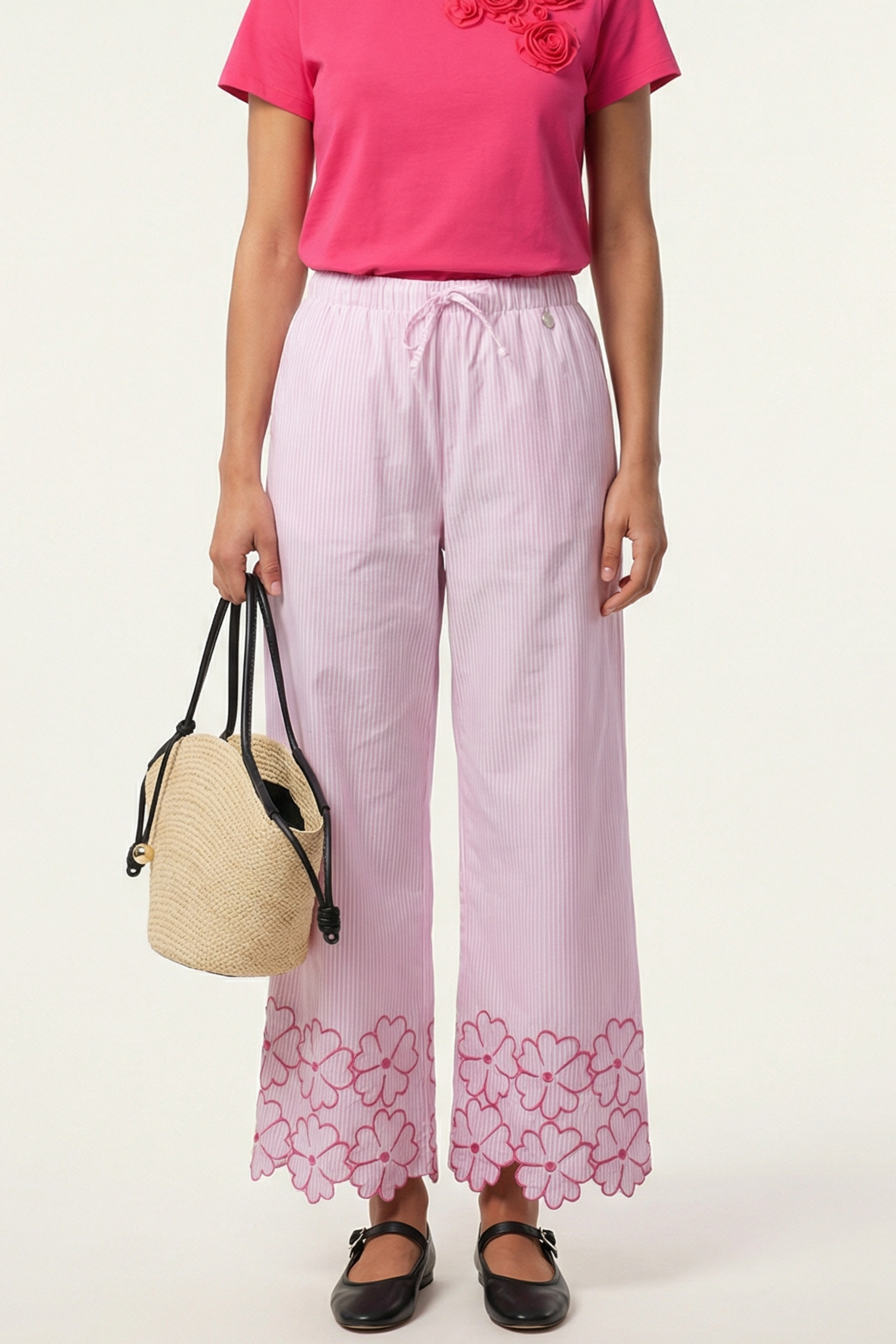 Pantalon rayas rosa detalle bordado flores con goma Lolitas&L