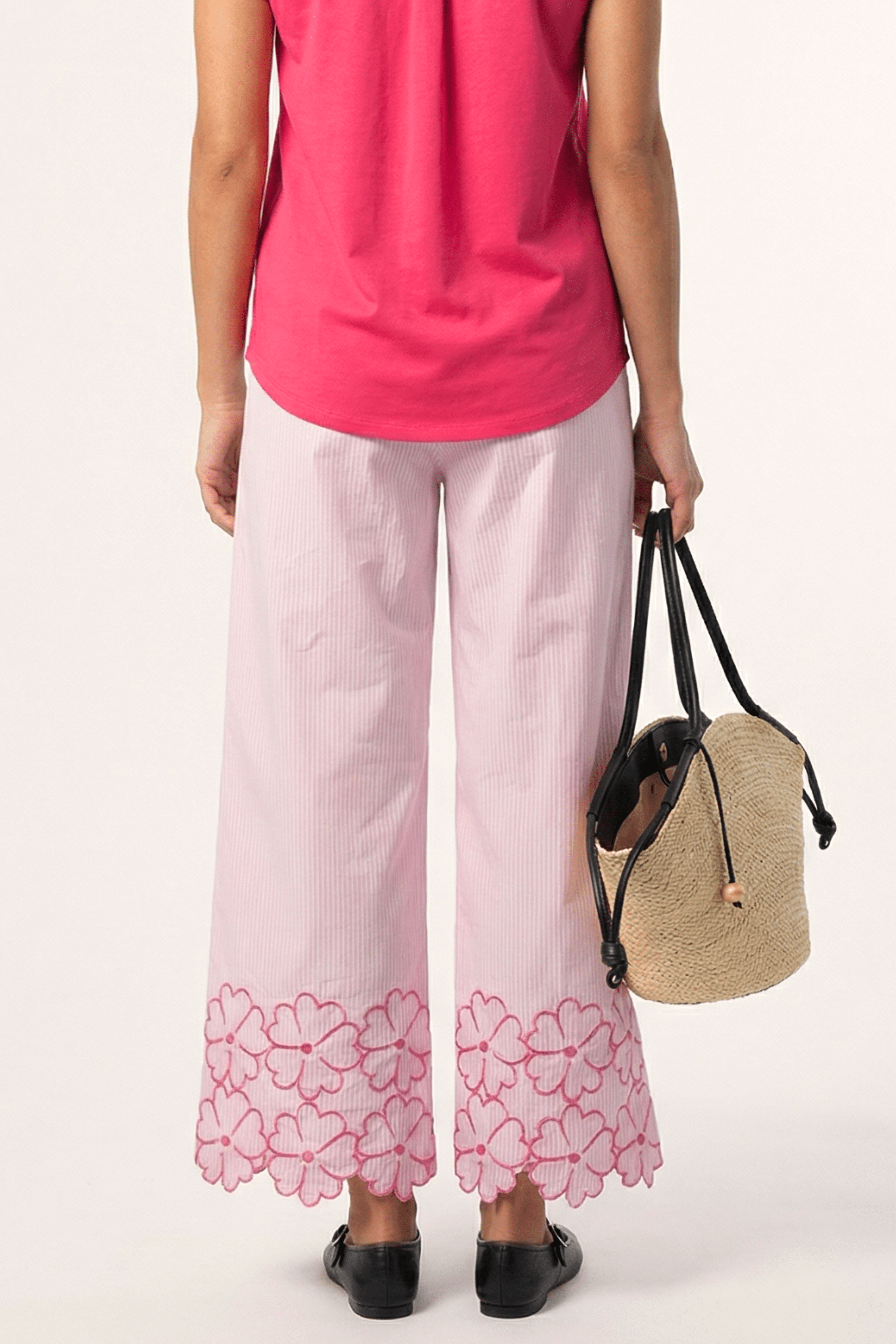 Pantalon rayas rosa detalle bordado flores con goma Lolitas&L - lolitasyl.com