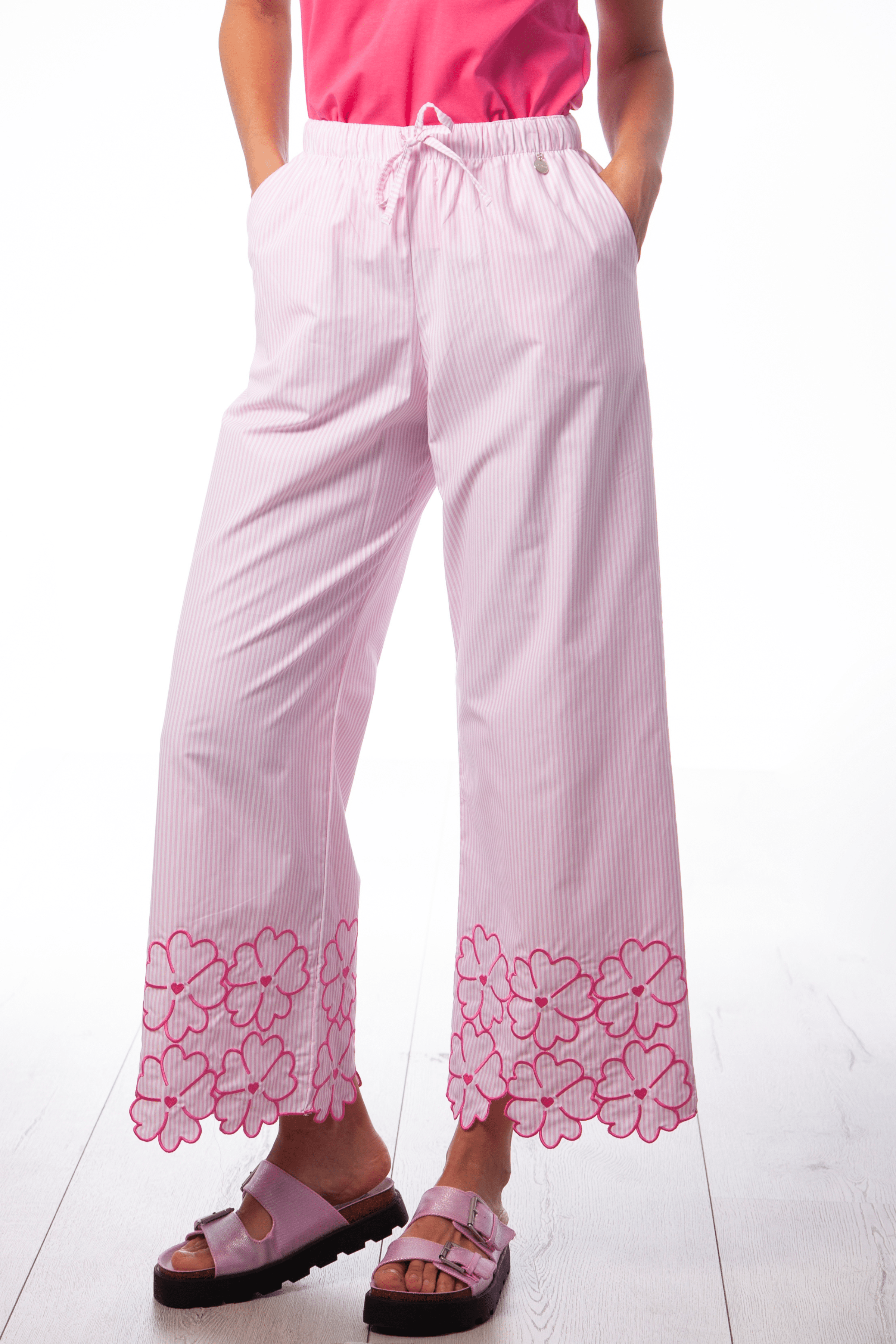 Pantalon rayas rosa detalle bordado flores con goma Lolitas&L - lolitasyl.com