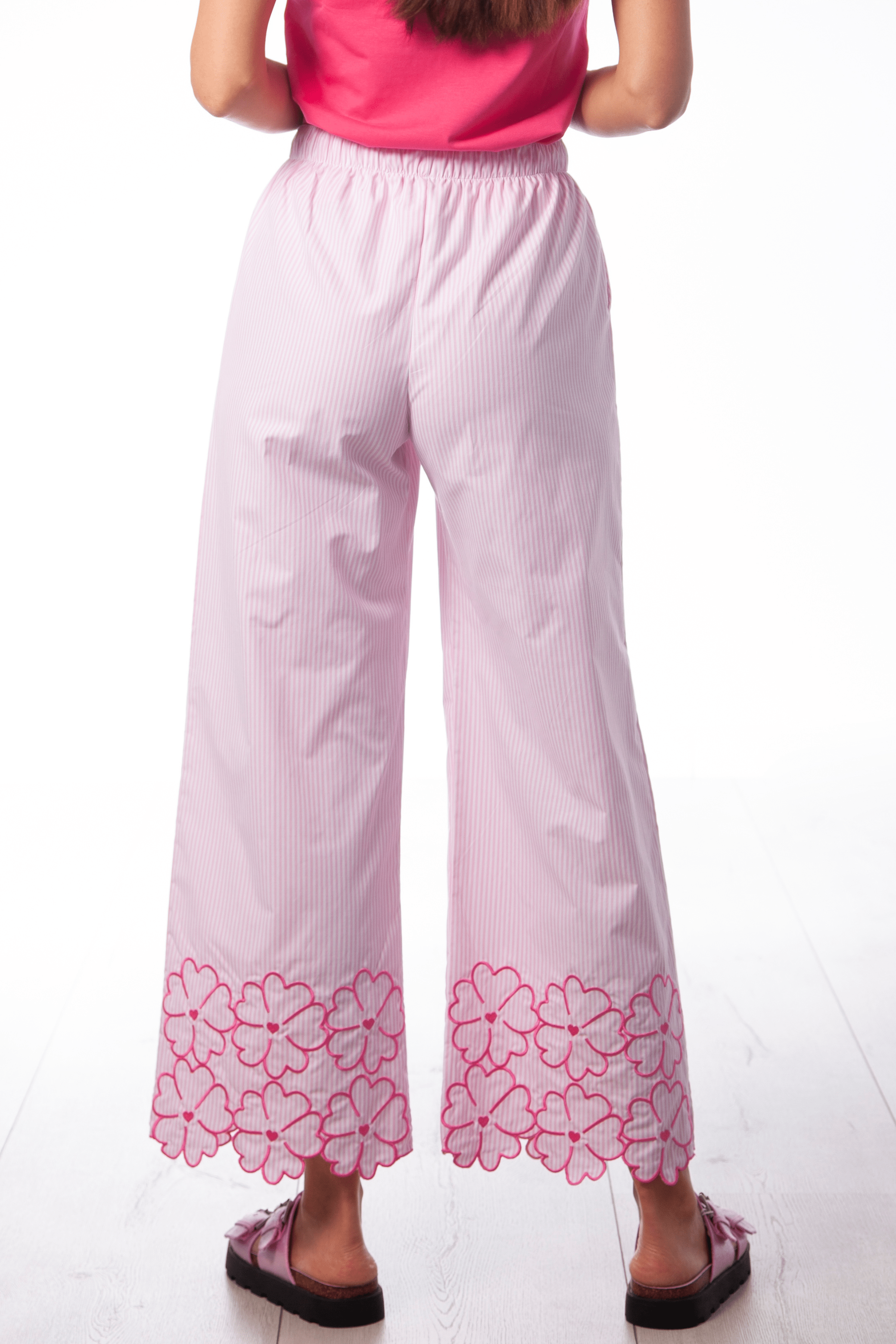 Pantalon rayas rosa detalle bordado flores con goma Lolitas&L - lolitasyl.com