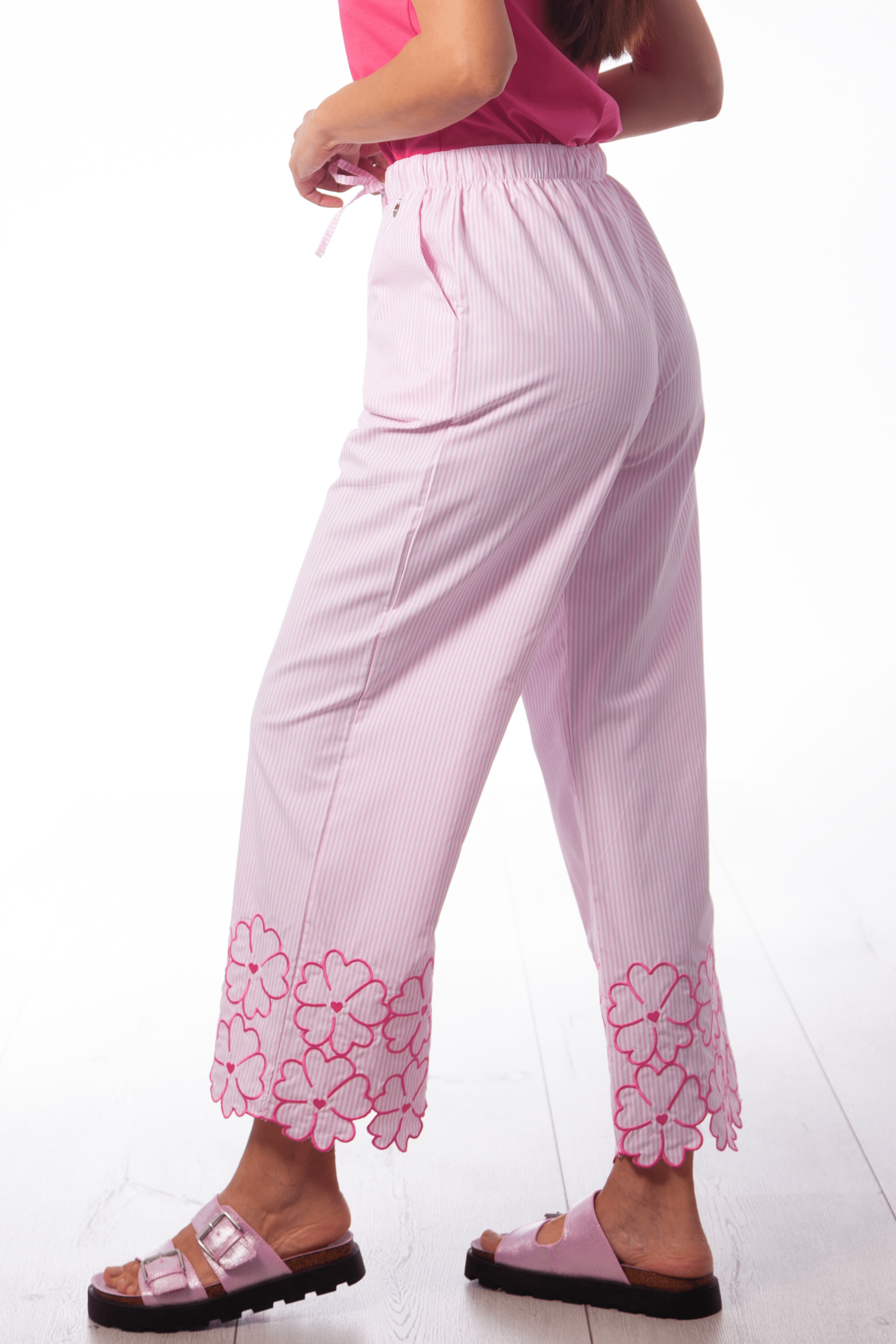 Pantalon rayas rosa detalle bordado flores con goma Lolitas&L - lolitasyl.com
