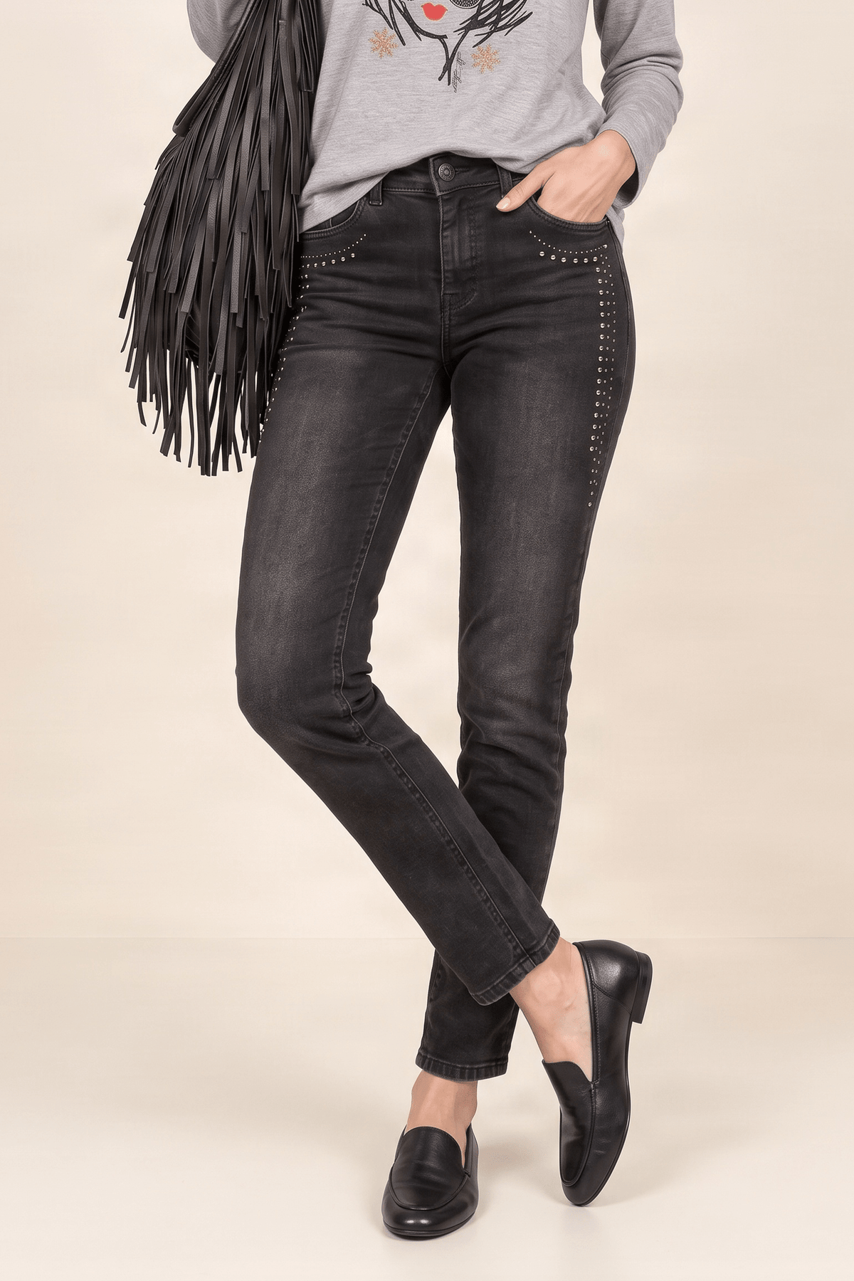 Pantalon vaquero negro pitillo con strass Lolitas&L - lolitasyl.com