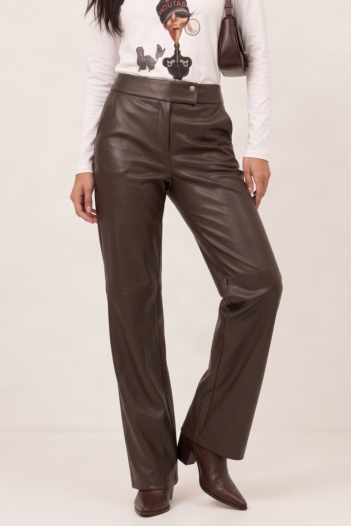 Pantalón Wide Leg Recto en Polipiel Marrón Oscuro – Lolitas&L