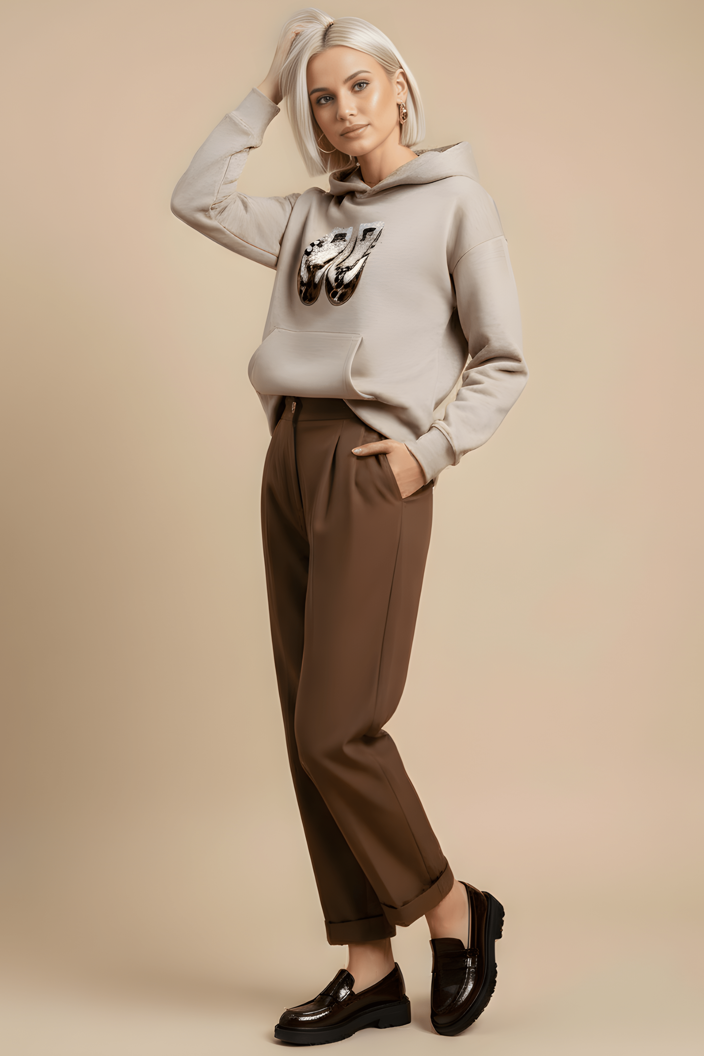 Sudadera de punto beig bordado zapatillas con capucha Lolitas&L - lolitasyl.com