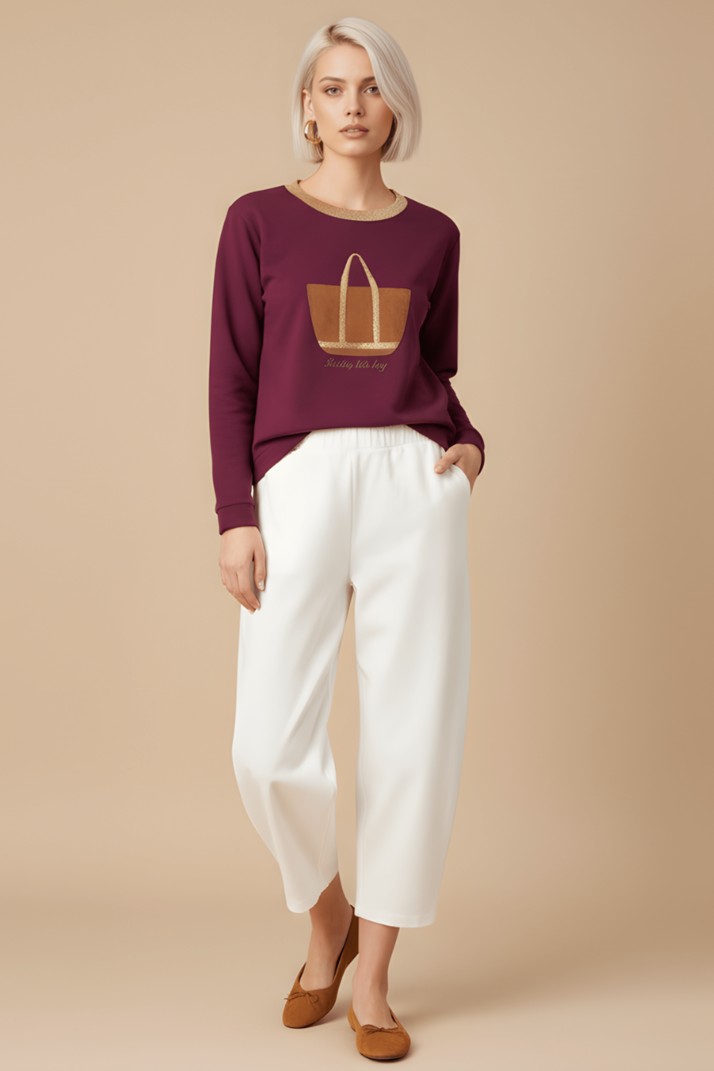 Sudadera granate bordado bolsito antelina manga larga Lolitas&L - lolitasyl.com