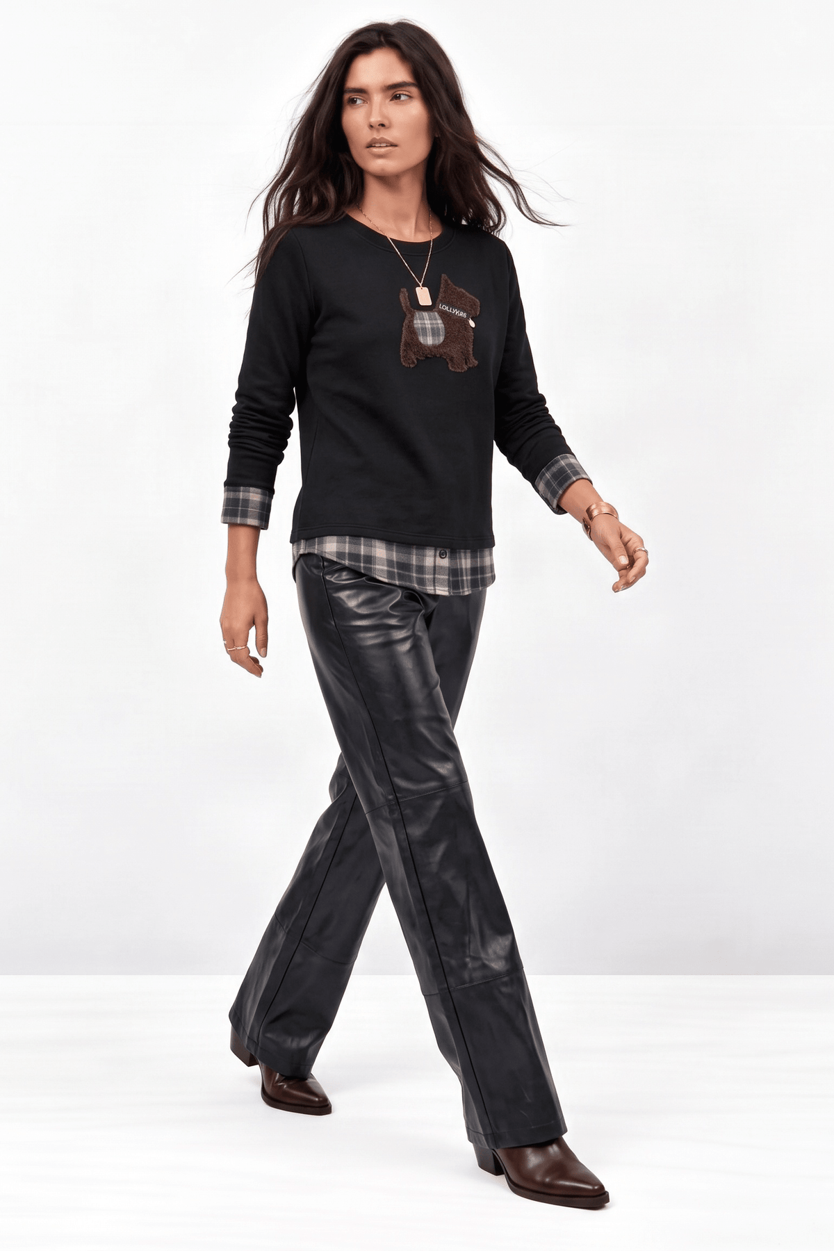 Sudadera Negra en Felpa de Algodón con Efecto Camisa Cuadros y Bordado – Lolitas&L - lolitasyl.com