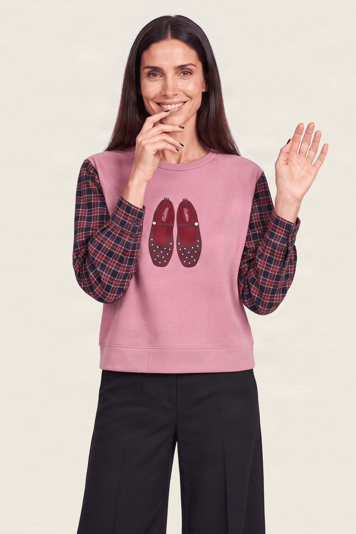 Sudadera rosa con bordado zapatillas y manga larga cuadros Lolitas&L - lolitasyl.com