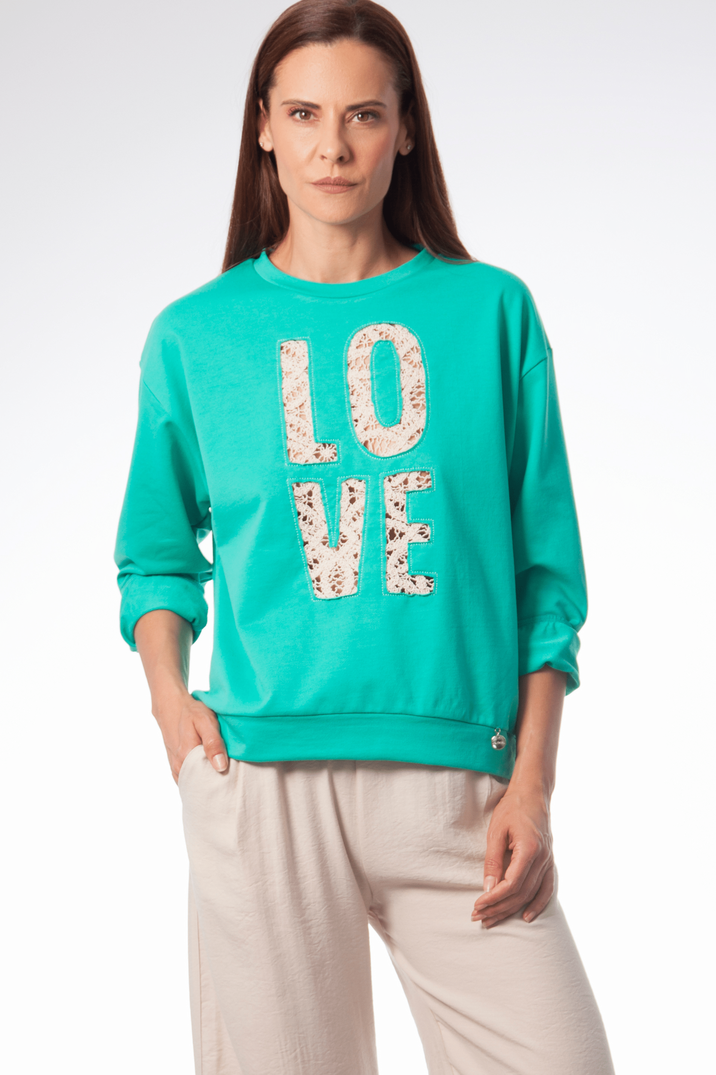 Sudadera turquesa bordado LOVE en grogre Lolitas&L - lolitasyl.com