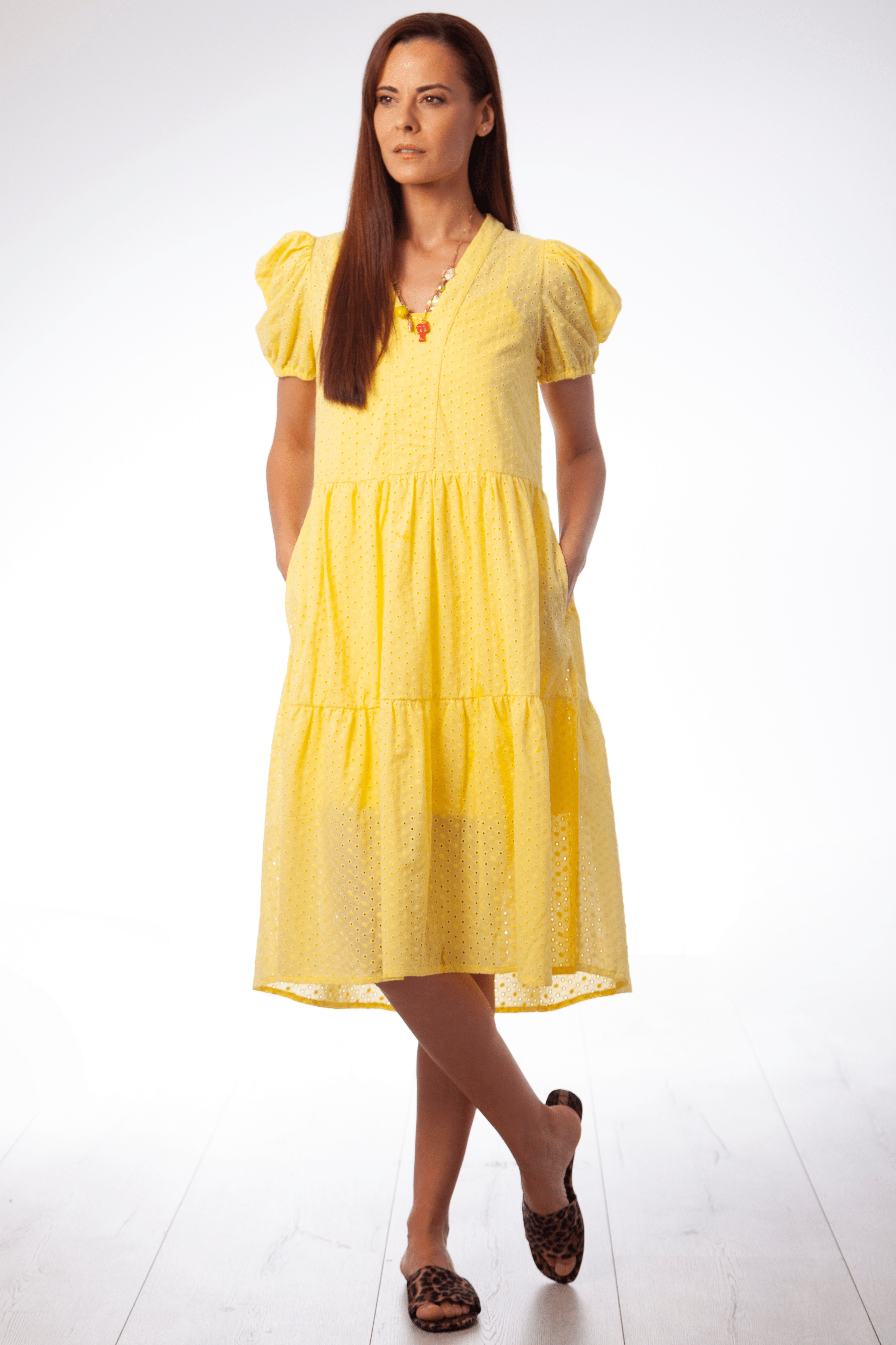 Vestido amarillo bordado ingles manga abullonada Lolitas&L - lolitasyl.com