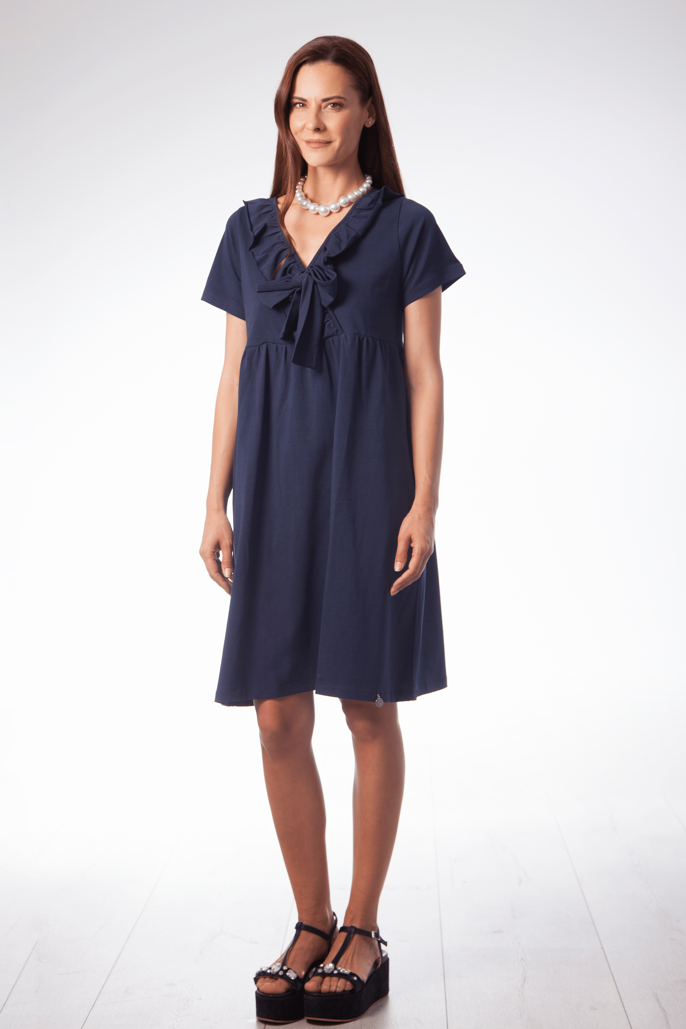 Vestido azul marino con lazo y volante en el centro Lolitas&L - lolitasyl.com